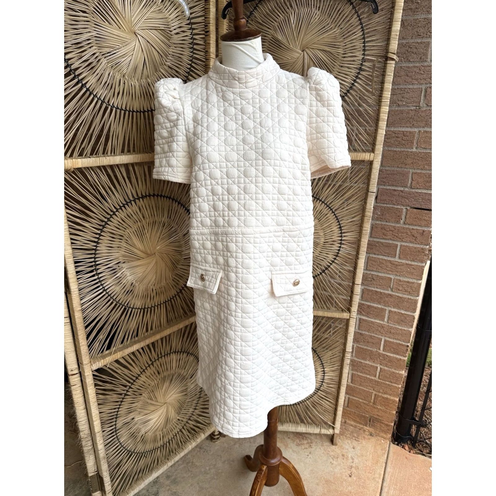 Vintage THML Quilted Dress Womens Small Ivory Puff Sleeve Mini Cottagecore Textured Size S / US 4 / IT 40 - 2 Thumbnail