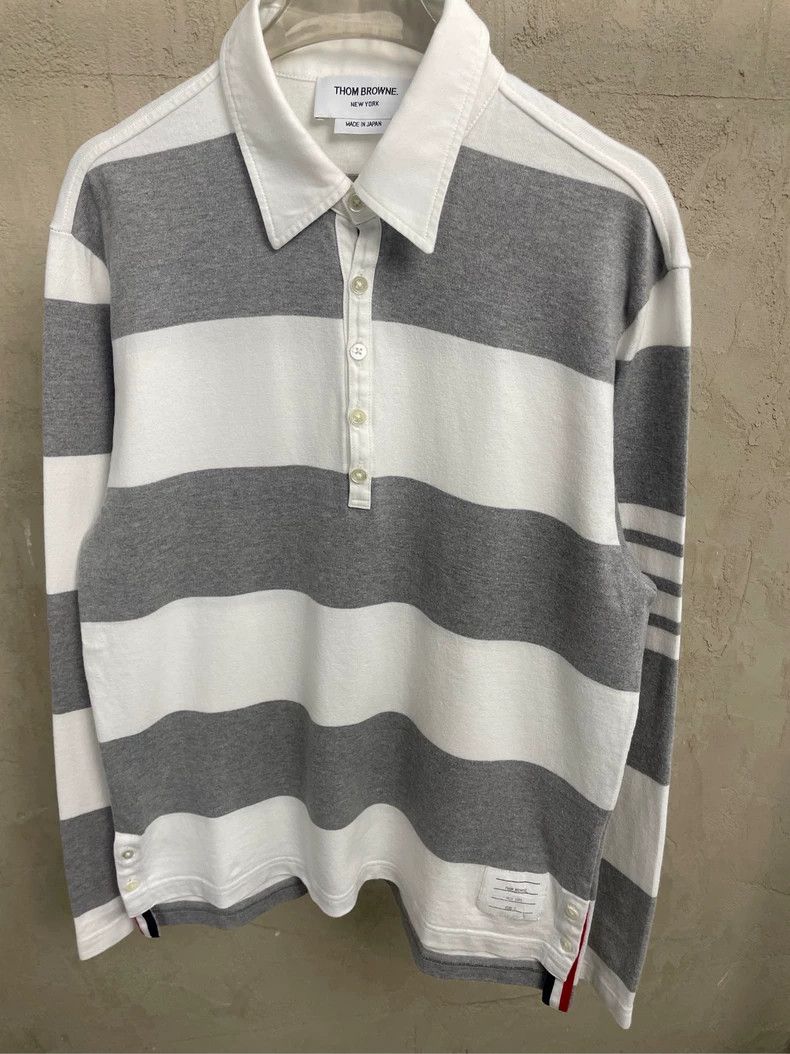 Thom Browne Thom browne Gray and white striped polo long-sleeved T-shir Size US S / EU 44-46 / 1 - 3 Thumbnail
