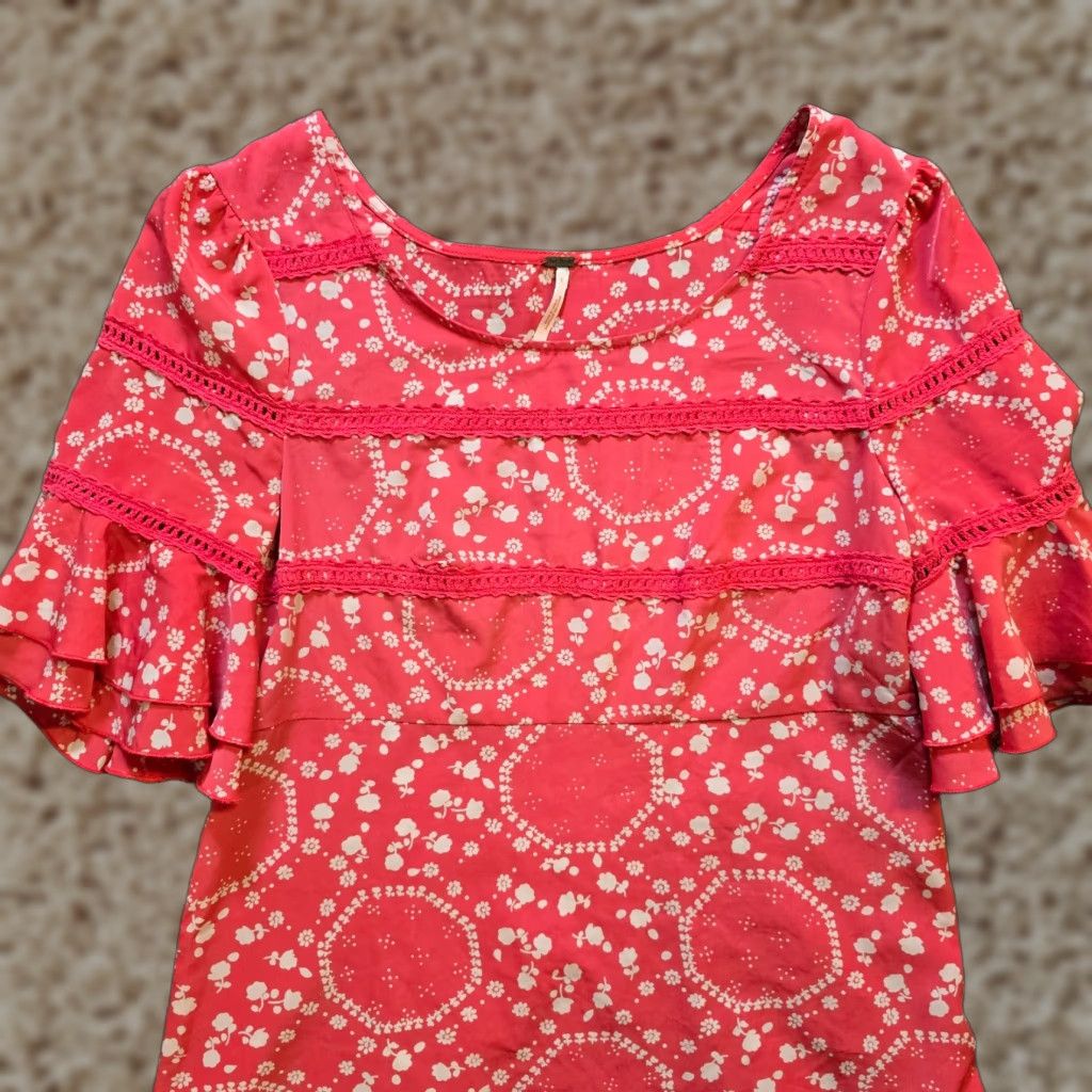 Free People Free People Dress Womens Size 2 Pink Floral Ruffle Sleeve Sheath Boho Casual Size XS / US 0-2 / IT 36-38 - 1 Thumbnail