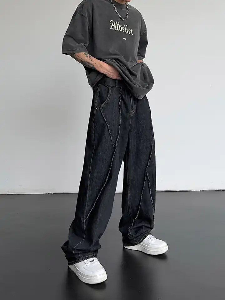 image of Distressed Denim Ripped Line Patchwork Denim Pant in Black, Men's (Size 34)