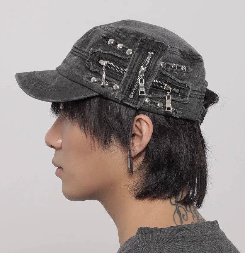 Japanese Brand Punk distressed zip studded cross raw cap hat Size ONE SIZE - 1 Thumbnail
