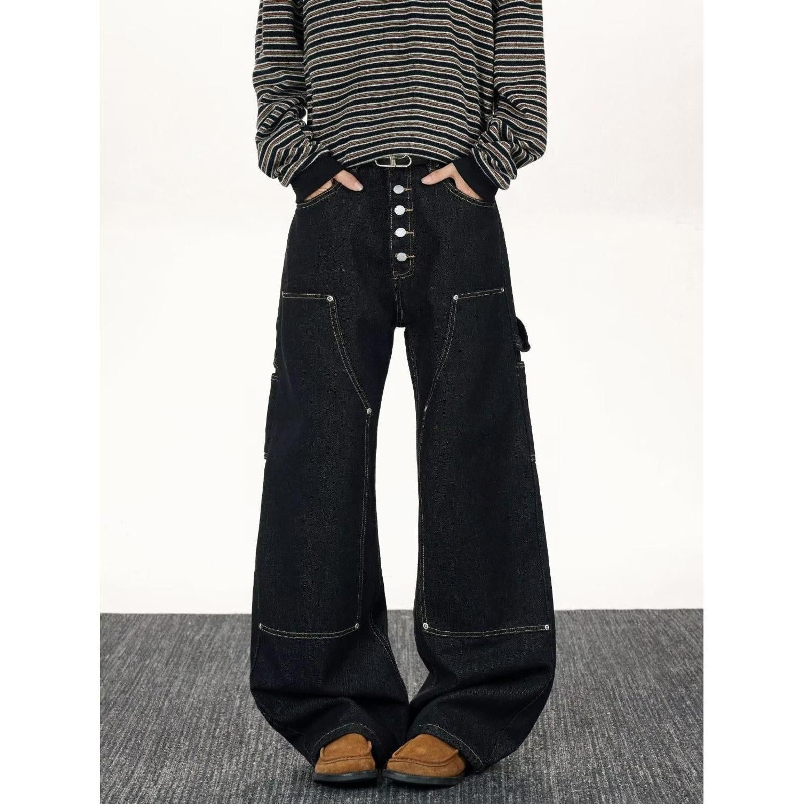 Vintage Black Wide Leg Denim Jeans, Loose Fit Carpenter Pants Size US 32 / EU 48 - 4 Thumbnail