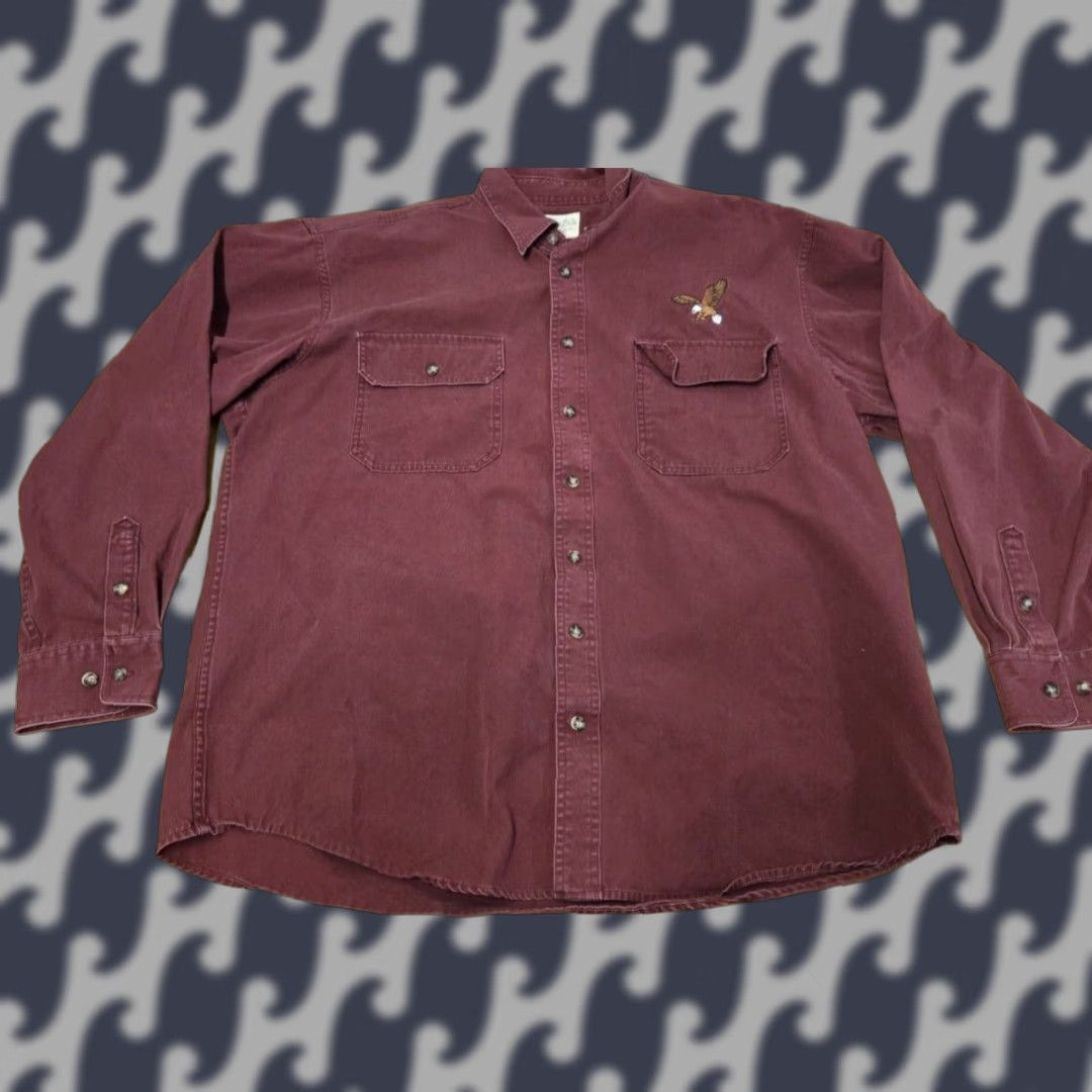 Vintage Cabela's Button-Up Shirt Burgundy Embroidered Eagle XLT Men’s Long Sleeve Casual Workwear Travel Button-Down Pocketed Cotton Peru Made in Peru Size US XL / EU 56 / 4 - 1 Thumbnail