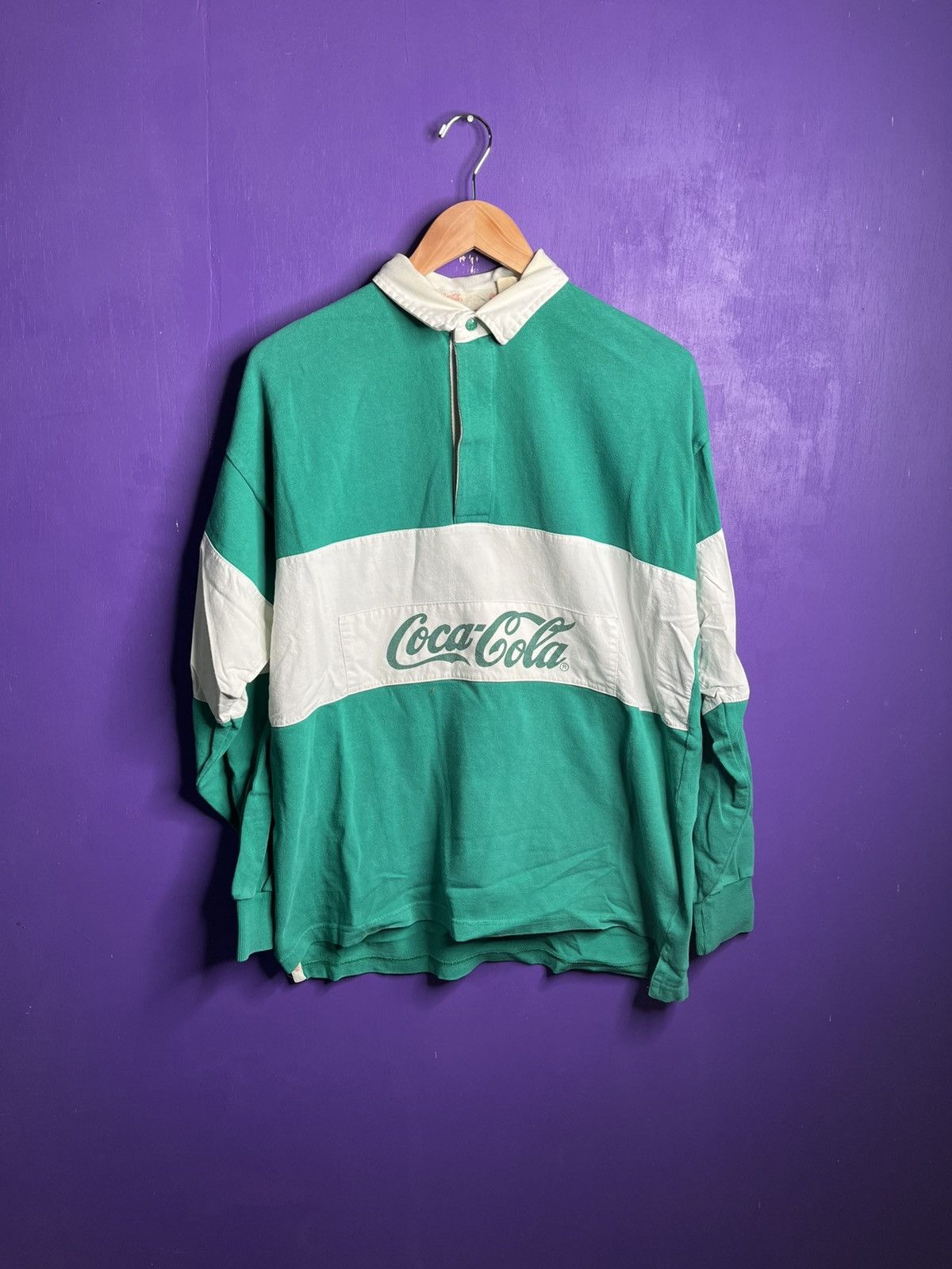 Coca Cola × Vintage Vintage 70s Coca-Cola spellout logo rugby shirt Size US L / EU 52-54 / 3 - 1 Thumbnail