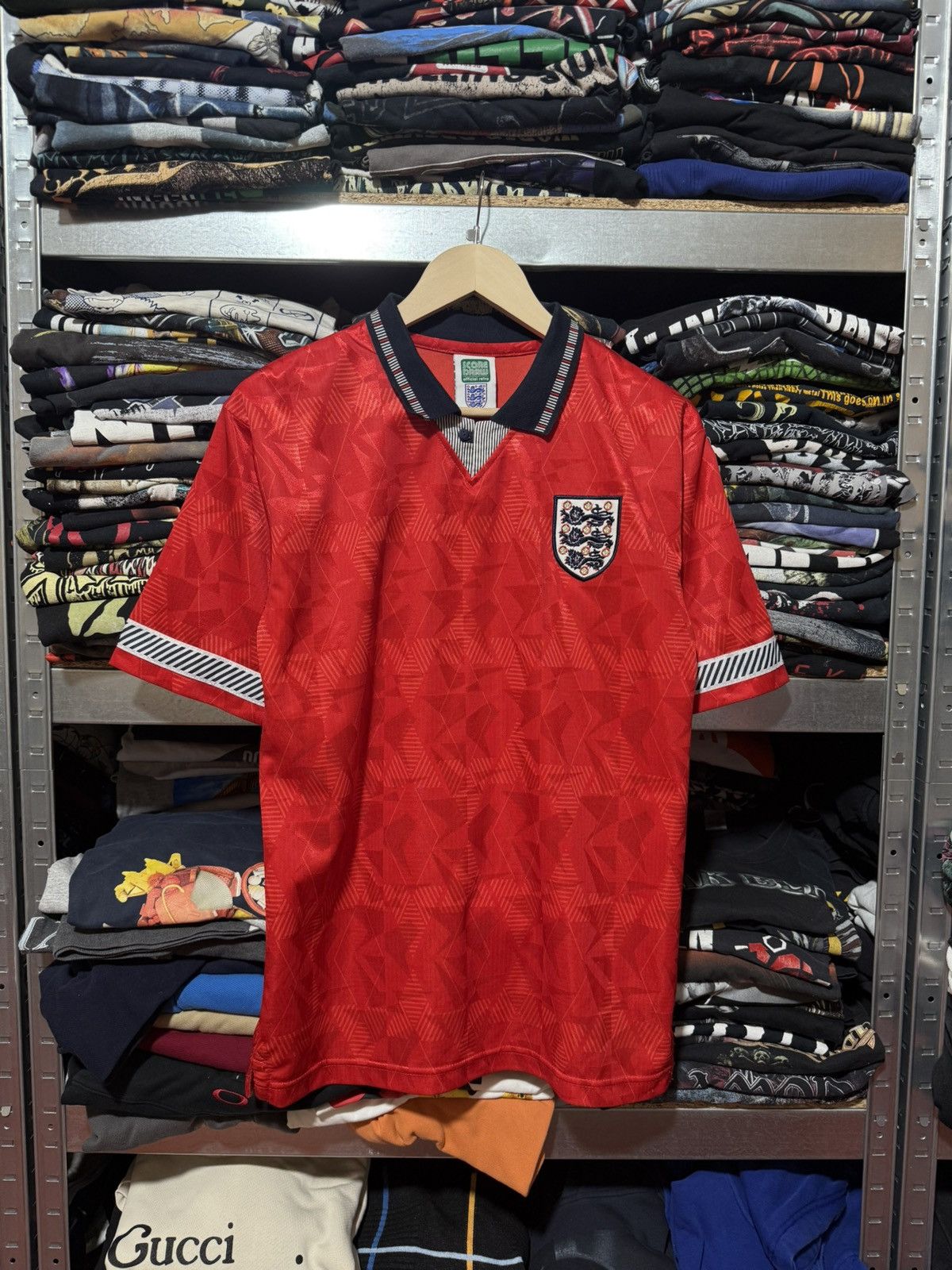Vintage England Score Draw Red 1990 World Cup Away Football Shirt Size US S / EU 44-46 / 1 - 1 Thumbnail