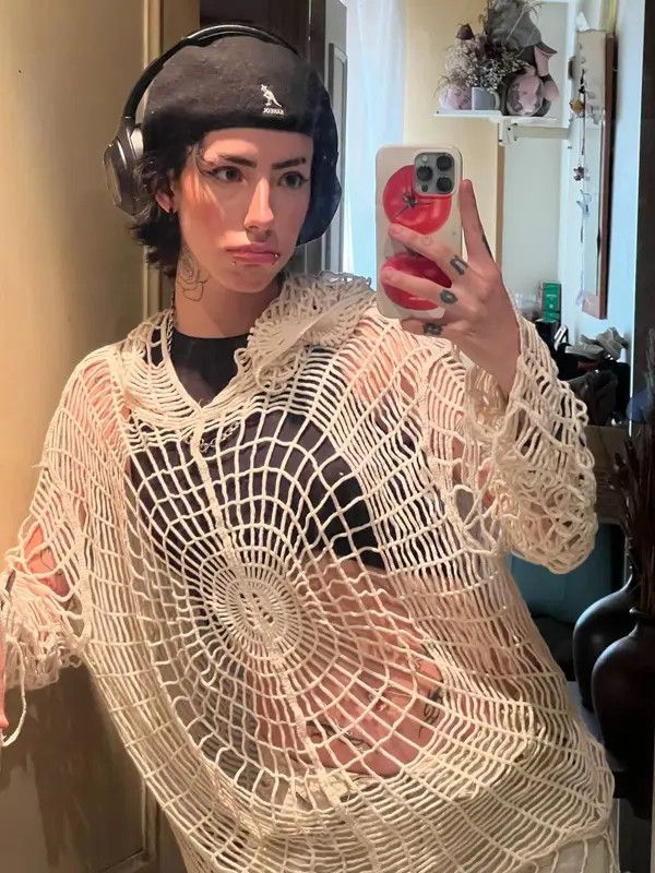 VIBE Y2K Spider Web with Holes Hooded Pullover Knitted Sweater Size US L / EU 52-54 / 3 - 6 Thumbnail