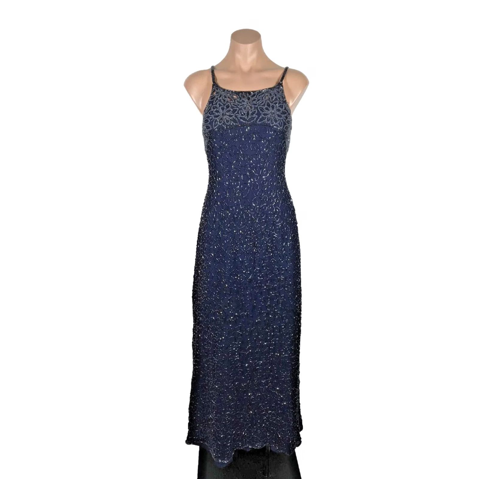 Vintage VINTAGE Scala Long Silk Beaded Open Sequin Square Neck Blue Gown M Dress, Ball Gown, A-Line, Formal, Women's Velvet Blue Silk, Vintage Scala Size M / US 6-8 / IT 42-44 - 2 Thumbnail