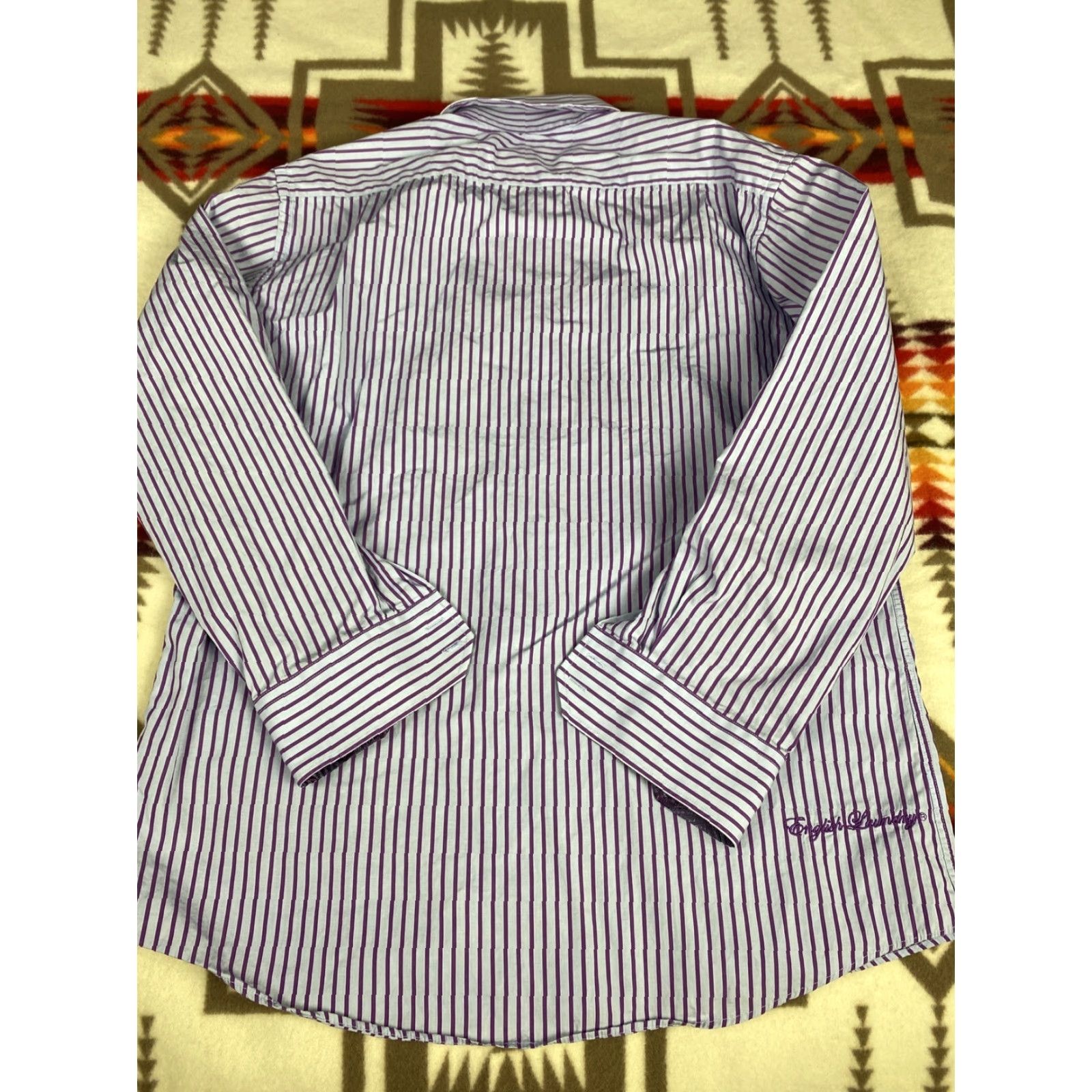 English Laundry English Laundry Dress Shirt Men 17 34/45 Cuff Long Sleeve Purple Blue Stripes Size 46R - 3 Thumbnail