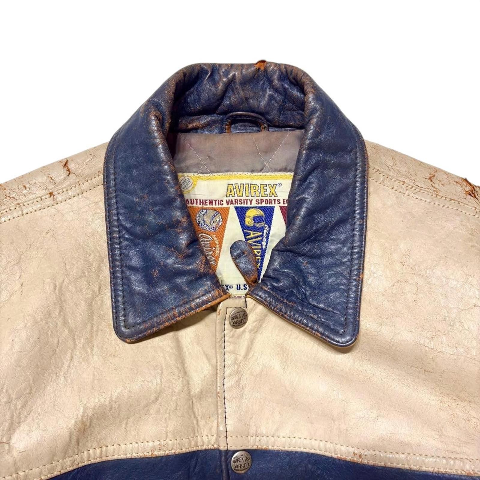Avirex Avirex - S Vintage Blue Cream Leather Varsity Jacket Size US M / EU 48-50 / 2 - 3 Thumbnail