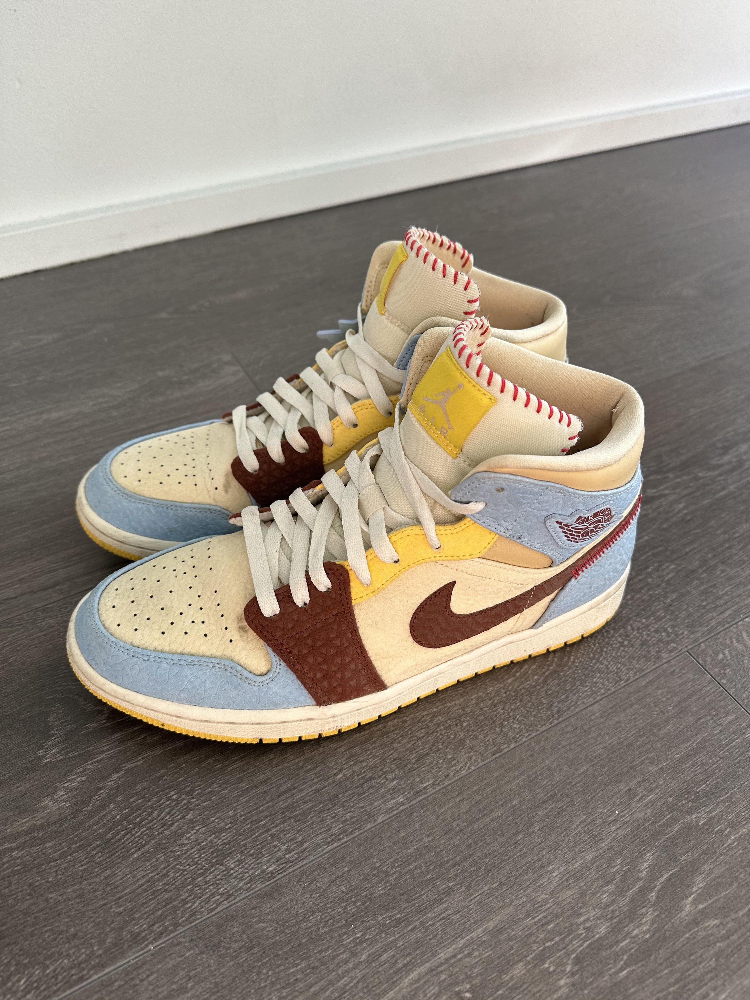 image of Jordan Nike Air Jordan 1 Mid Fearless - Maison Chateau Rouge Shoes in Psychic Blue/Pale Vanilla (Si