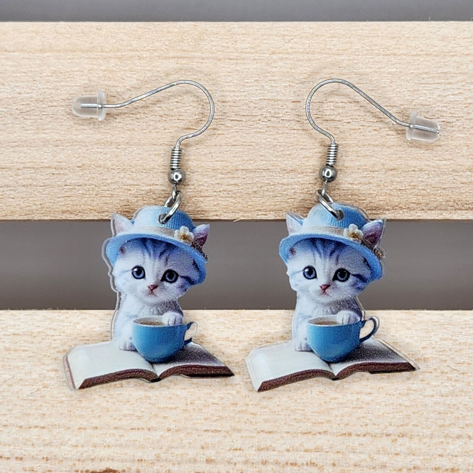 Other Gray Cat in Blue Teacup Sitting on Book Acrylic Earrings Size ONE SIZE - 5 Thumbnail