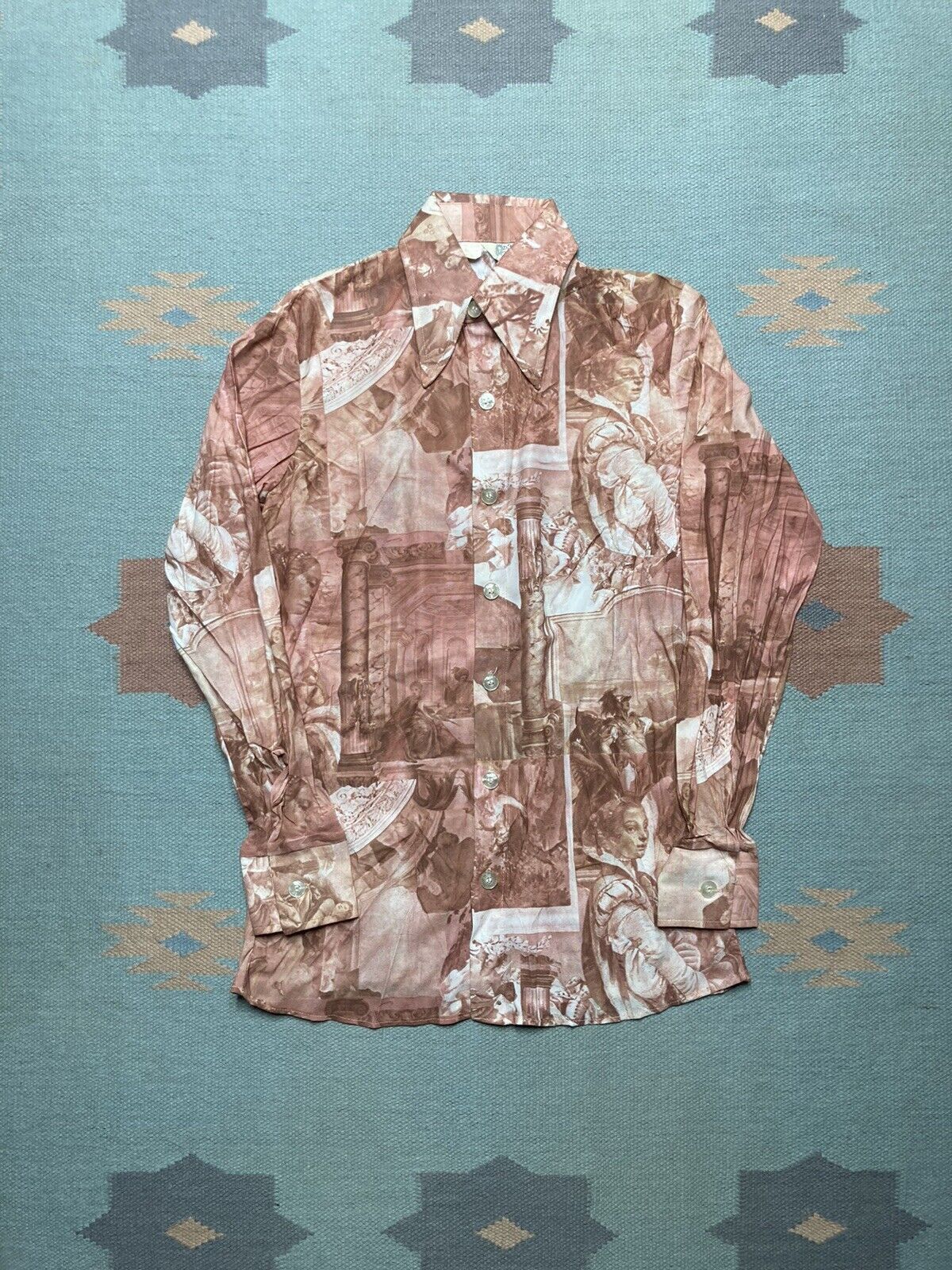Vtg 60s 70s picture print shirt disco dagger collar small