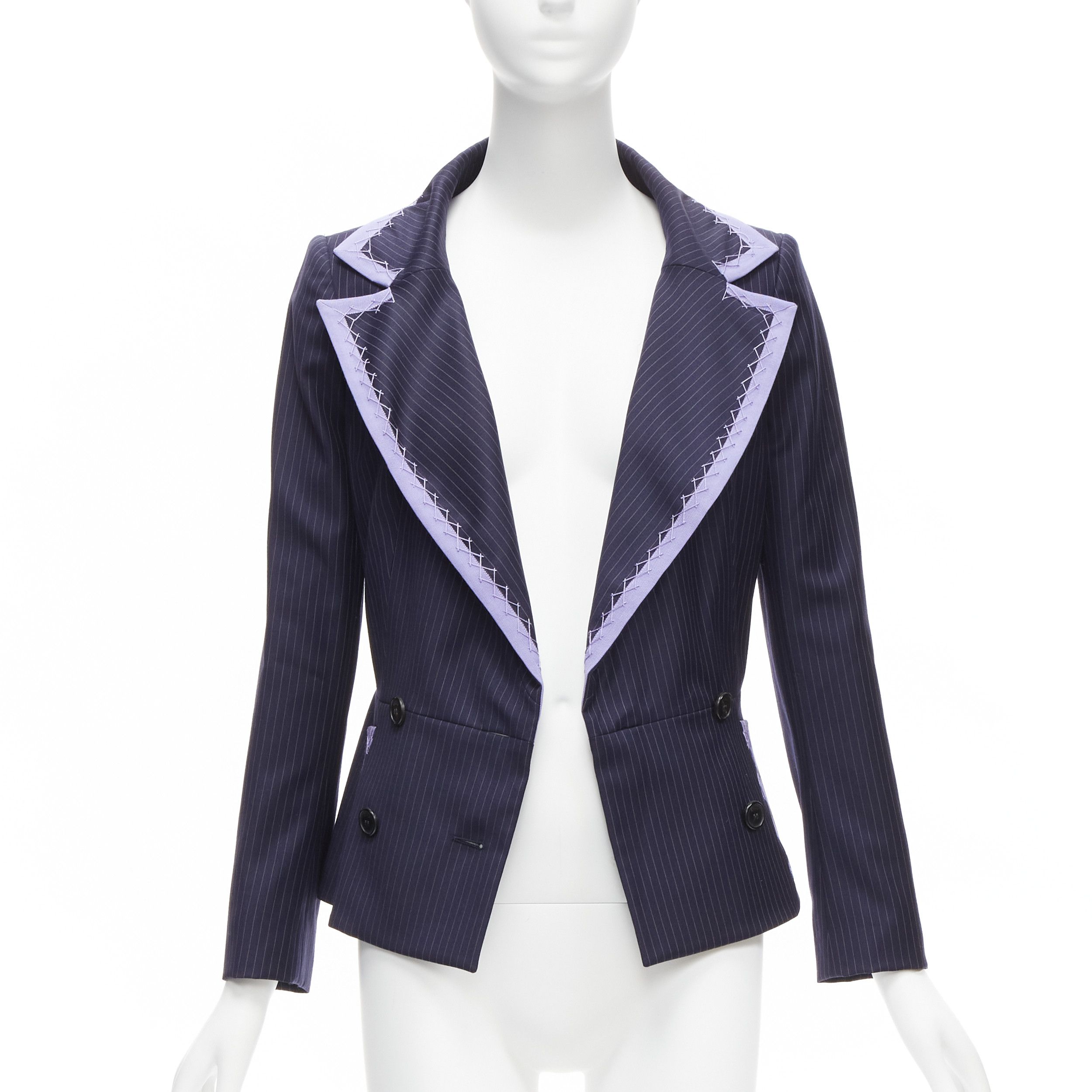 Dior CHRISTIAN DIOR John Galliano Vintage navy pinstripe purple topstitch bar jacket blazer FR38 M Size M / US 6-8 / IT 42-44 - 1 Thumbnail