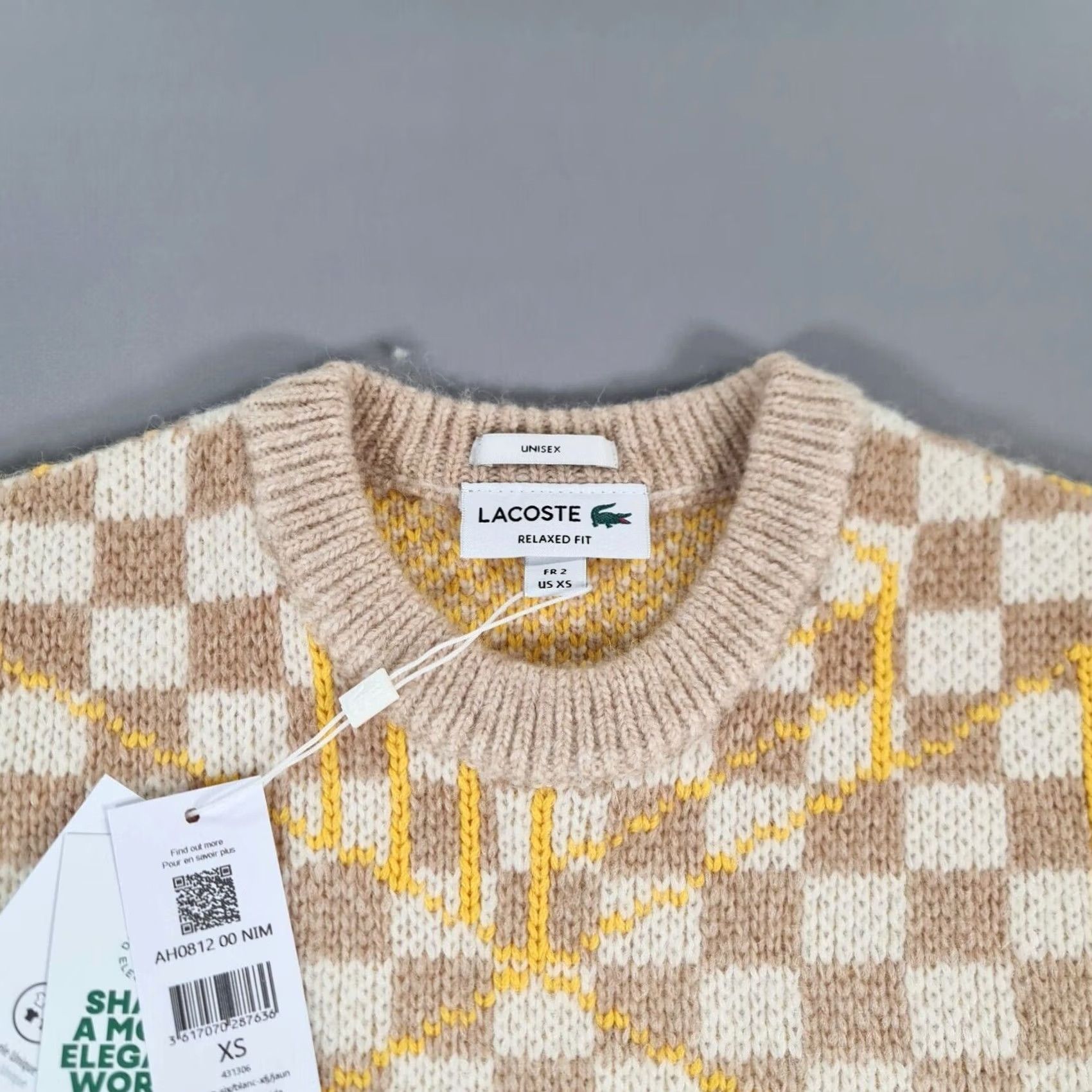 Lacoste Lacoste Jumper Beige Yellow XS Relaxed Fit Alpaca Wool Geometric Crew Neck Mens Pullover Classic Knit Size US XS / EU 42 / 0 - 2 Thumbnail