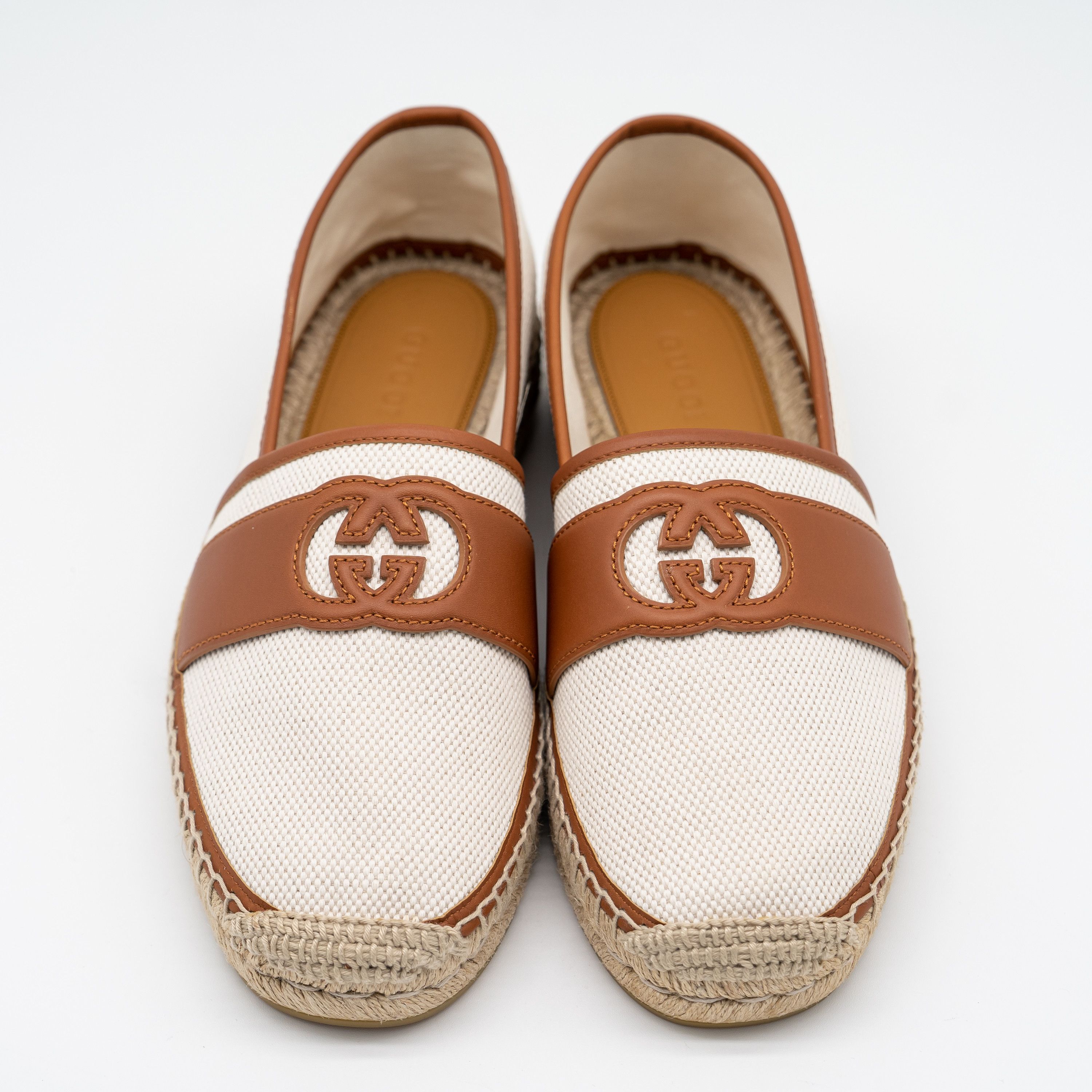 Gucci Gucci Espadrilles White Brown Leather Canvas Interlocking GG Size US 8.5 / EU 41-42 - 3 Thumbnail