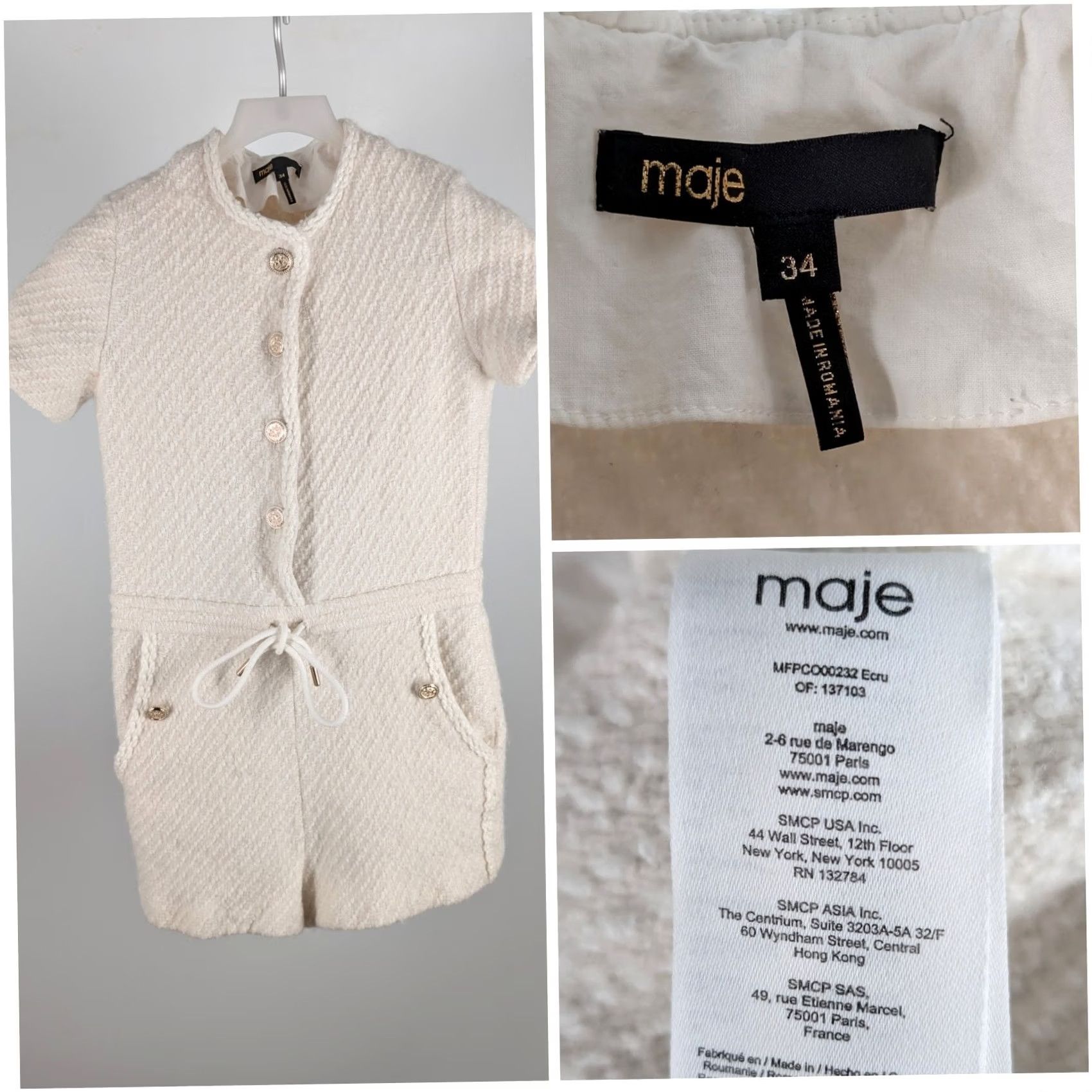 Maje Maje Jumpsuit Tweed Boucle Ecru Short Sleeve XS Gold Crest Buttons Braided Trim One Piece Fashion Women 2021 XP Size 26" / US 2 / IT 38 - 2 Thumbnail