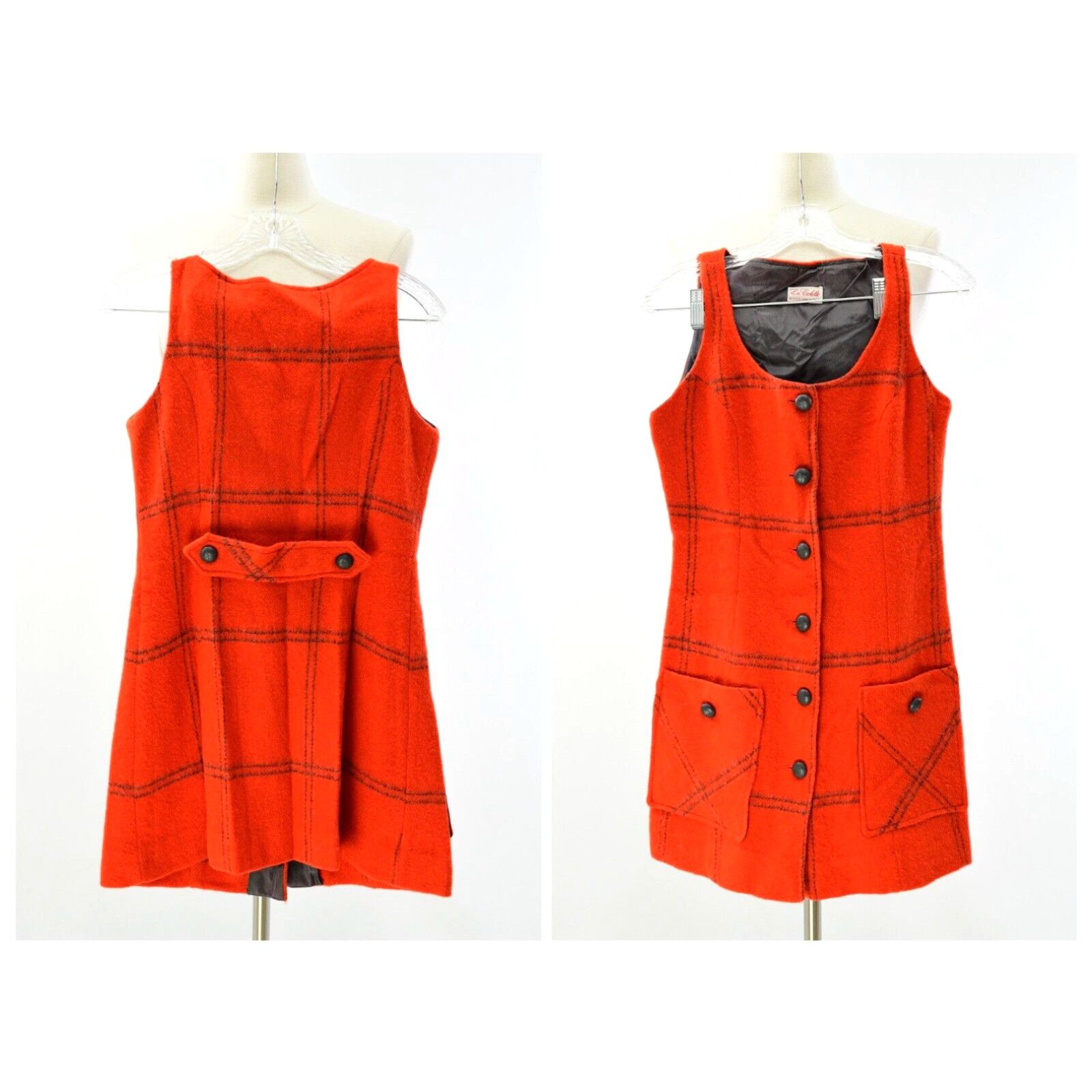 image of 60S Vintage Bright Red Orange & Gray Plaid Jumper Womens S La Colette in White (Size Small)