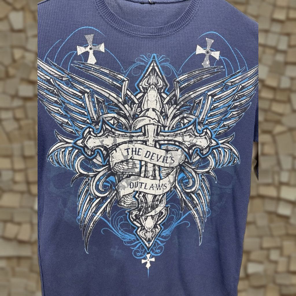 Affliction VINTAGE 2000s Waffle Knit T-Shirt Men Large Blue Graphic Print Gothic Punk Motorcycle Rock Horror Retro Biker Military Casual Size US L / EU 52-54 / 3 - 1 Thumbnail