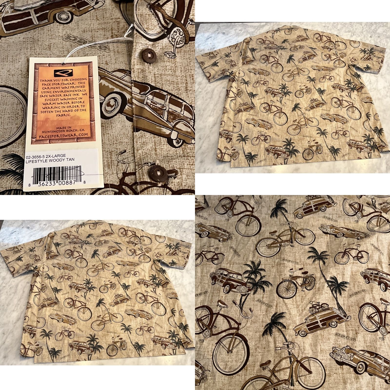 Vintage Pace Sports Wear Men’s XXL Button Short Sleeve Woodys Bicycles Palm Trees USA Shirt Men 2XLT Brown Cotton Blend Button-Up Casual Travel Size US 39 - 8 Thumbnail