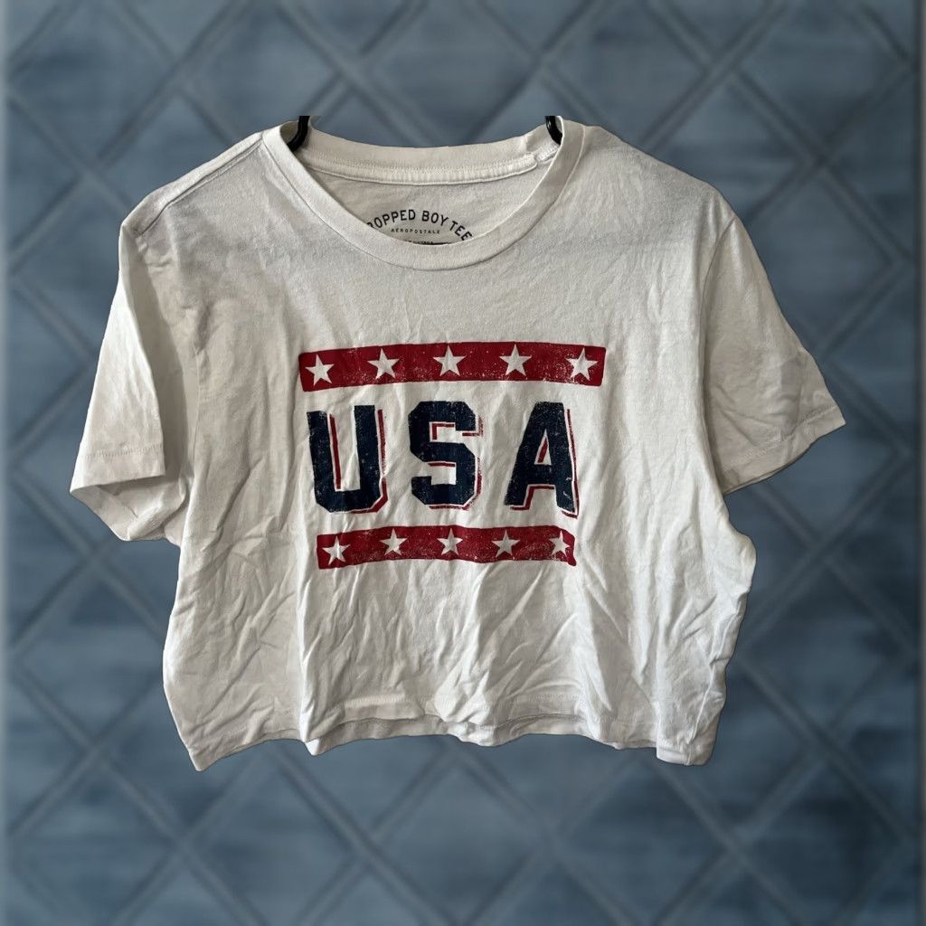 Aeropostale AeroPostale Womens White USA Cropped Boy T-Shirt Large Size L / US 10 / IT 46 - 1 Thumbnail