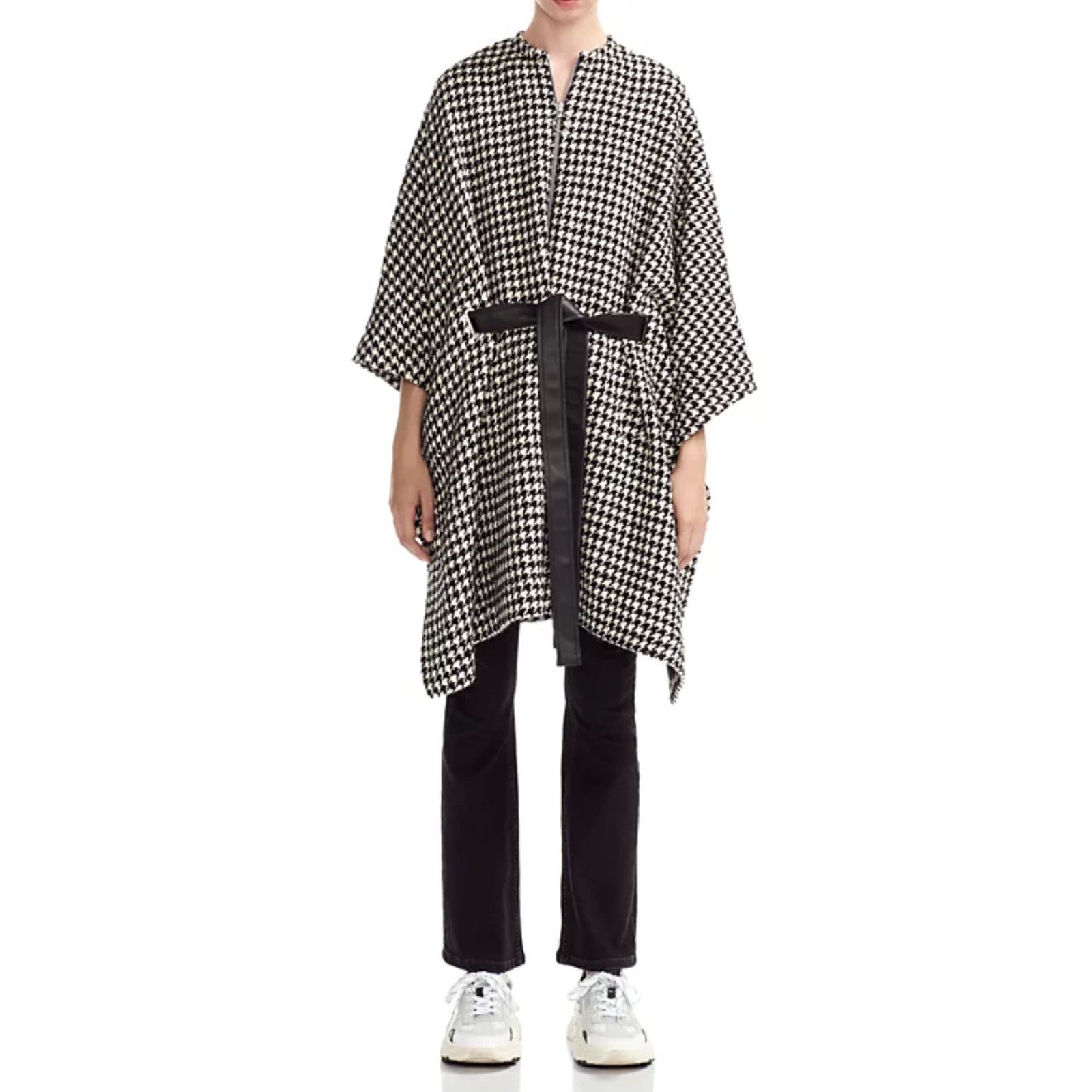 Maje Maje Giro Belted Houndtooth Poncho Coat White/Black Size 1/S Size S / US 4 / IT 40 - 1 Thumbnail