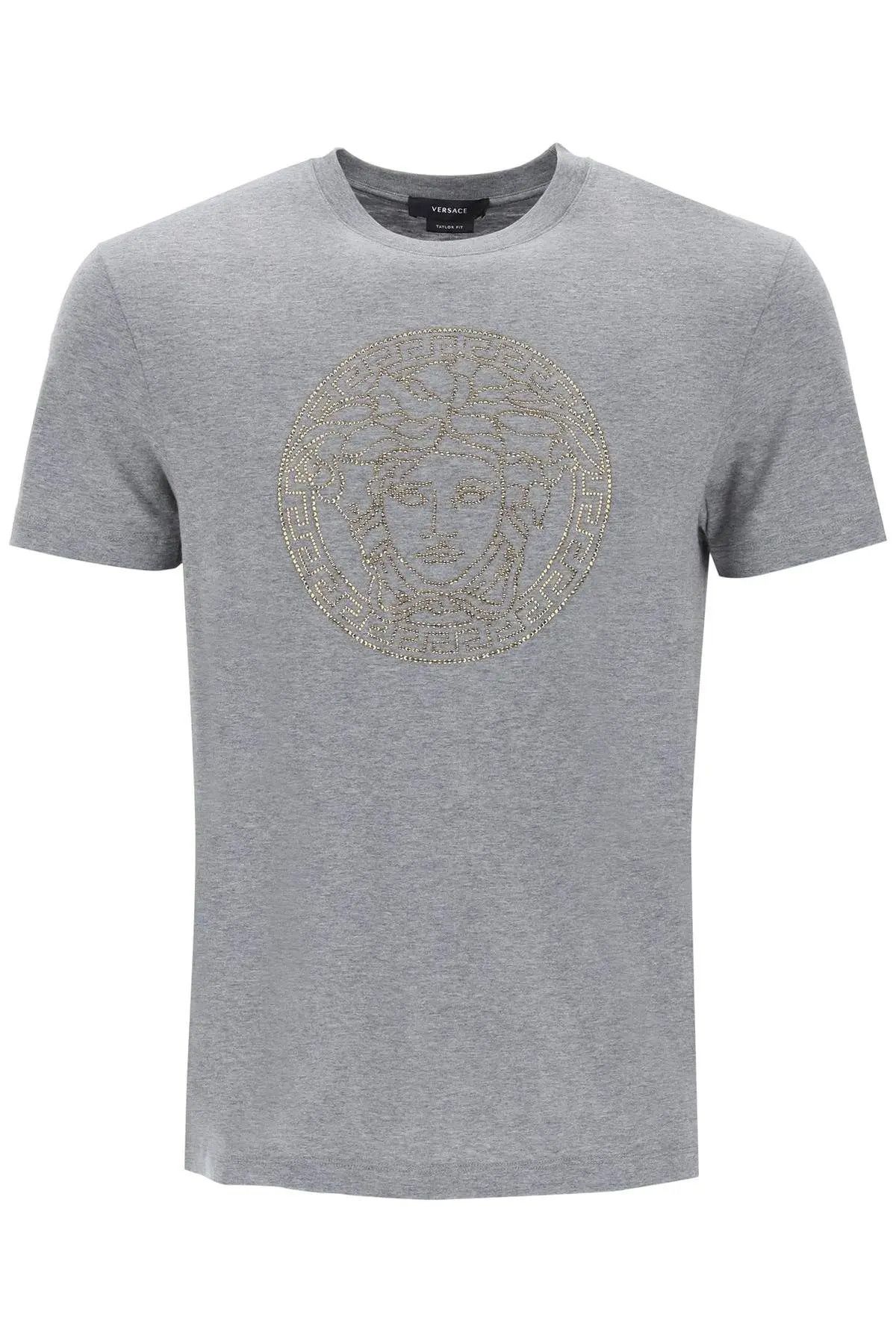 image of Versace O1S22I1N0124 Rhinestones Medusa T-Shirt In Grey, Men's (Size Small)