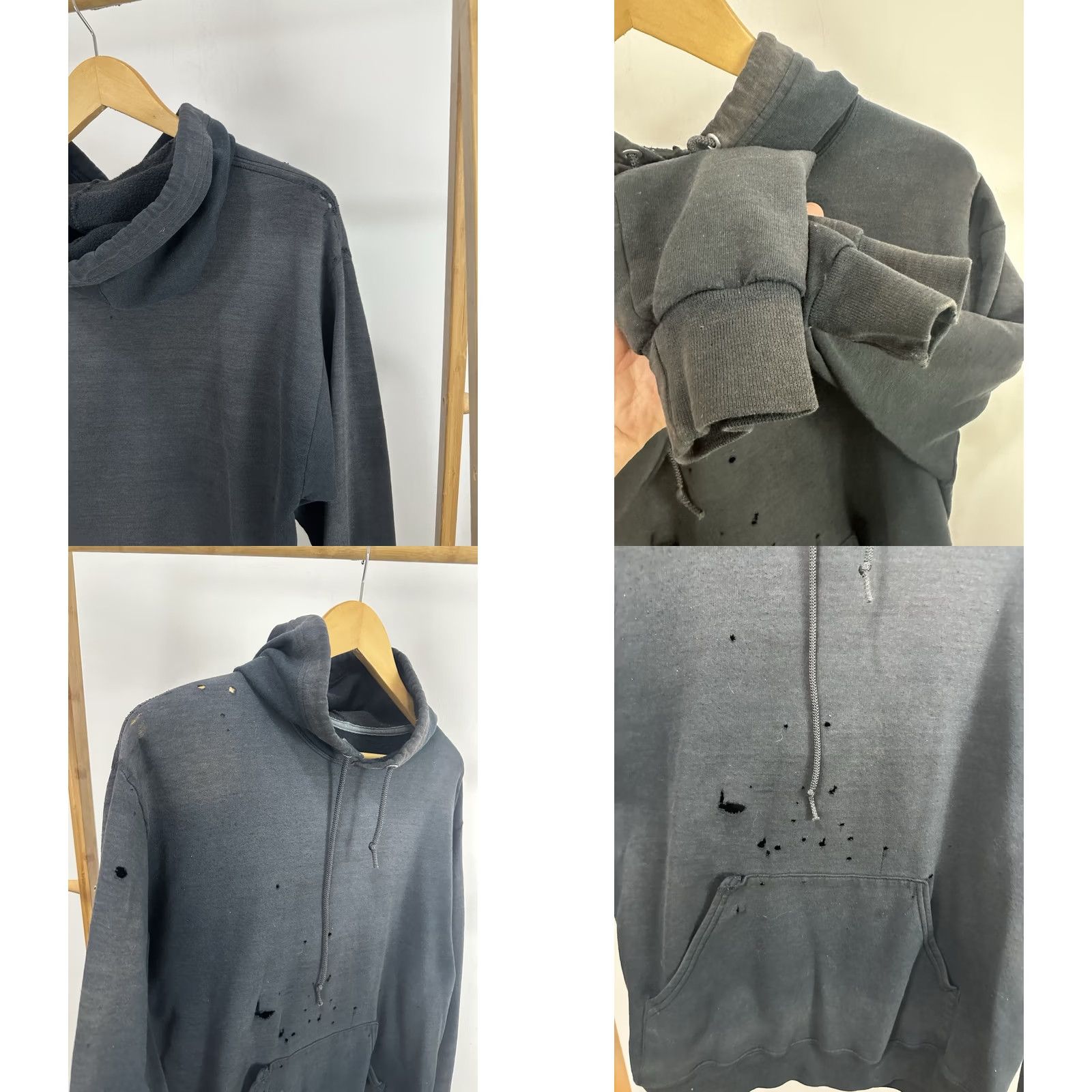 Fruit Of The Loom Fruit of the Loom Hoodie Mens M Black Pullover Distressed WIP Grunge Workwear VTG Gradient Sun Faded Worn Thrashed Sweatshirt Size US M / EU 48-50 / 2 - 8 Thumbnail