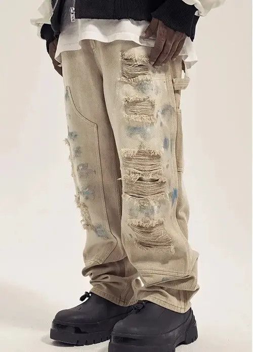 VIBE Beige Paint Splatter Distressed Denim Jeans y2k Size US 33 - 1 Thumbnail