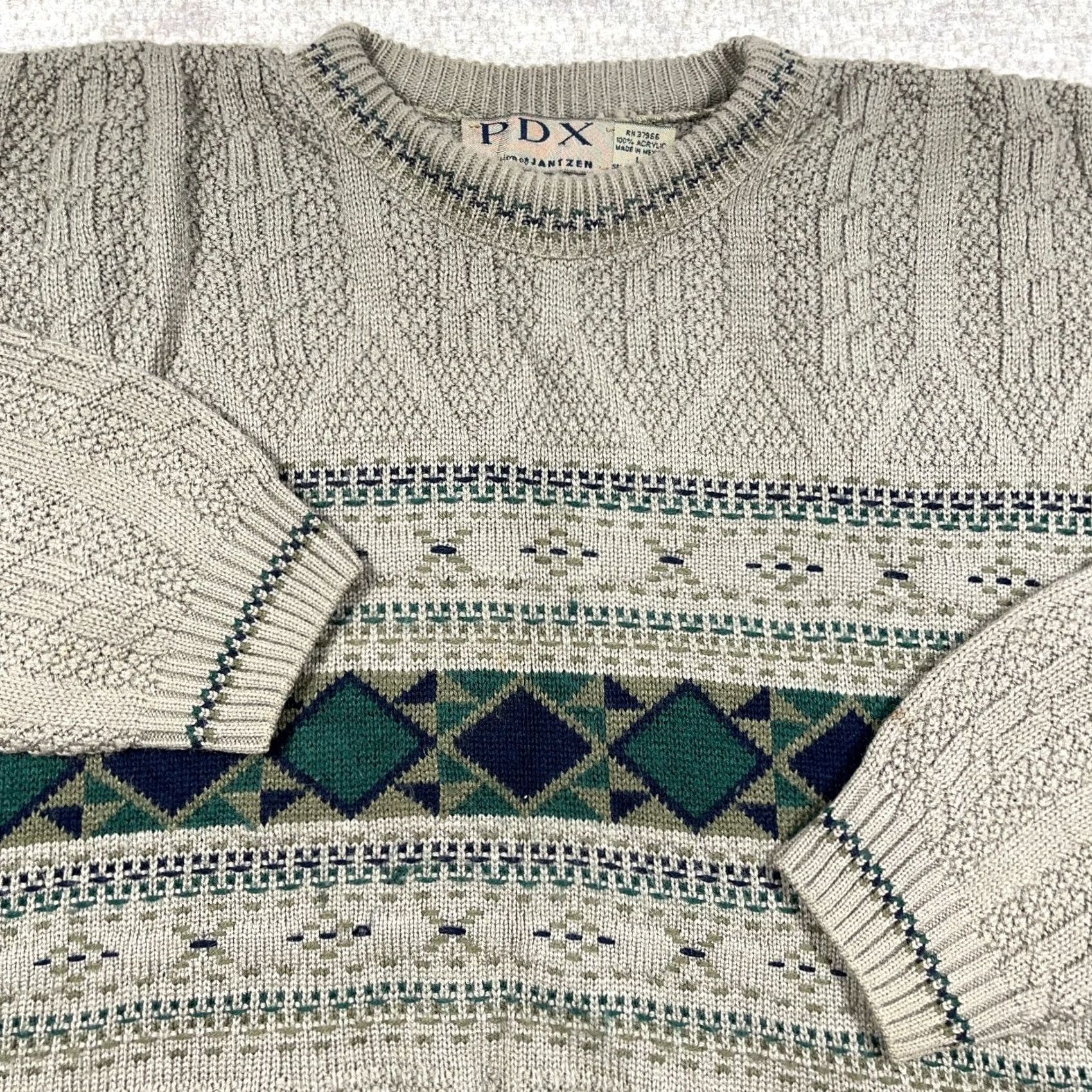 Jantzen VINTAGE Grandpa Sweater Men Large Tan Cable Knit Geometric Crewneck Textured 90s Size US L / EU 52-54 / 3 - 2 Thumbnail