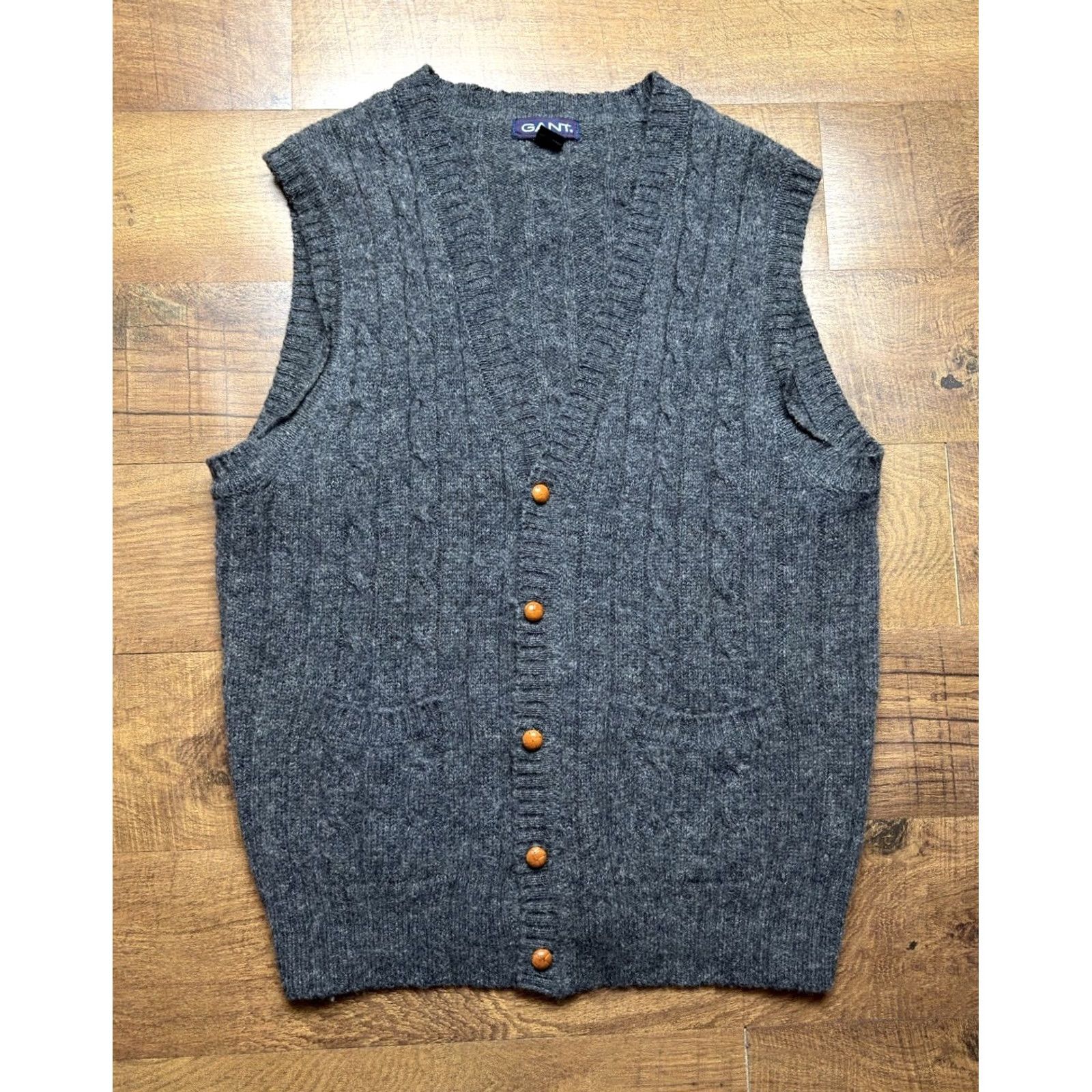 Gant VINTAGE Gant Sweater Vest Mens XL Gray Wool Cable-Knit Pockets Button Up Size US XL / EU 56 / 4 - 2 Thumbnail