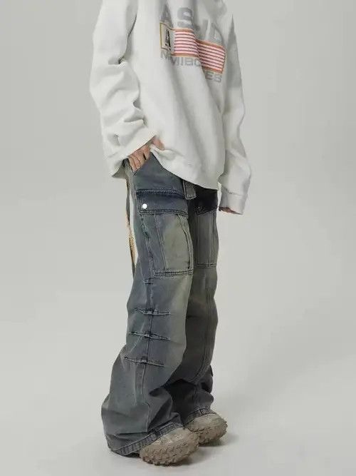 Japanese Brand × Jean Heavy-duty washed distressed pocket cargo straight-leg jeans Size US 32 / EU 48 - 3 Thumbnail