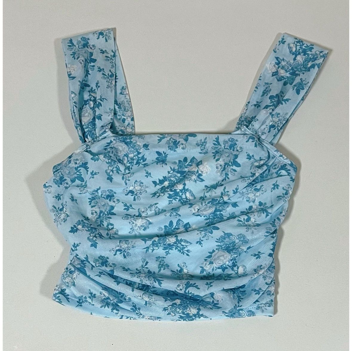 Japanese Brand Blue Mesh Ruched Floral Tank Crop Top Shirt Blouse Cami XS 🩵 Size XS / US 0-2 / IT 36-38 - 1 Thumbnail