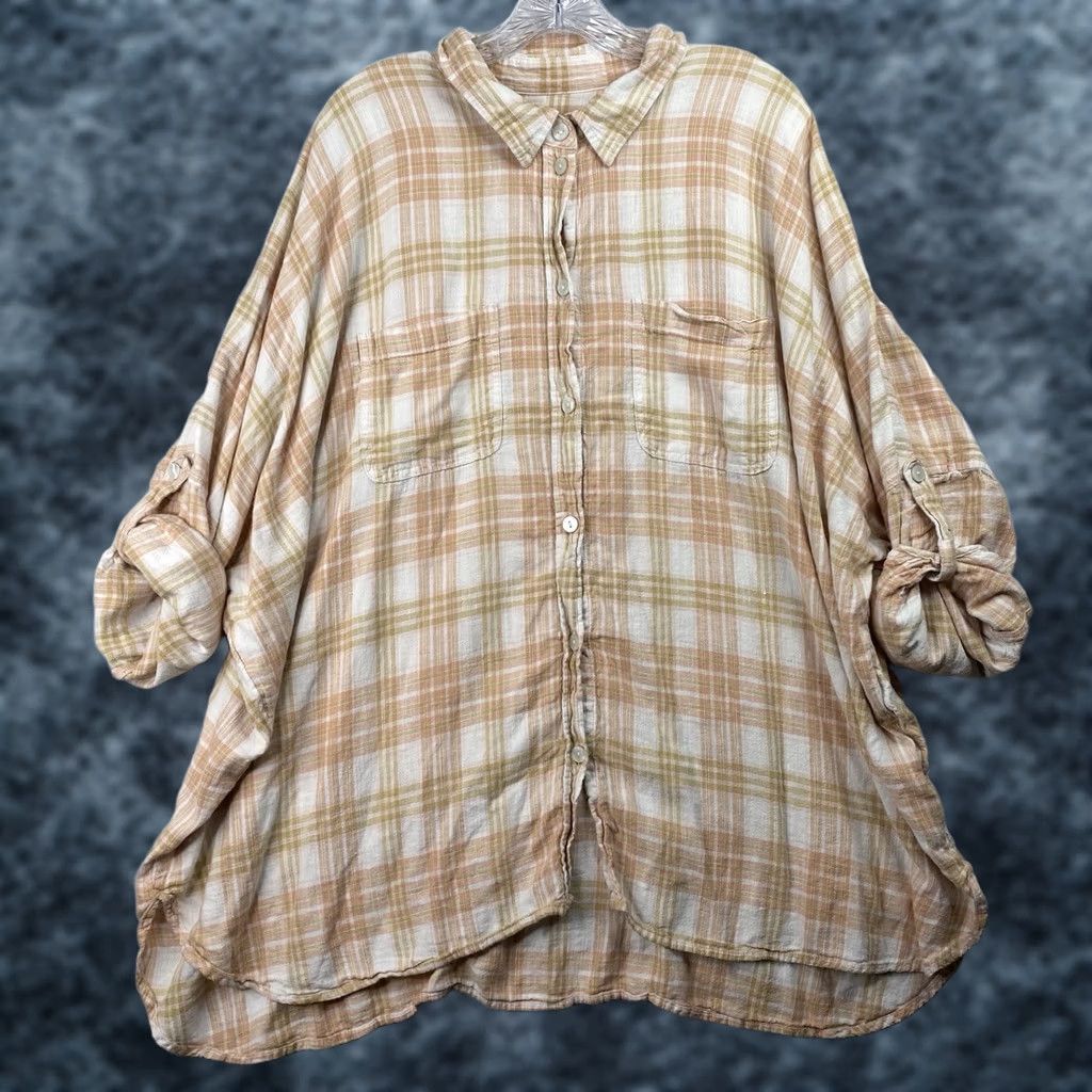 American Eagle Outfitters American Eagle Outfitters Womens Button-Up Shirt XL Plaid Linen Chambray Roll Tab Sleeve Tunic Casual Beach 90s Style Womens Size L / US 10 / IT 46 - 1 Thumbnail