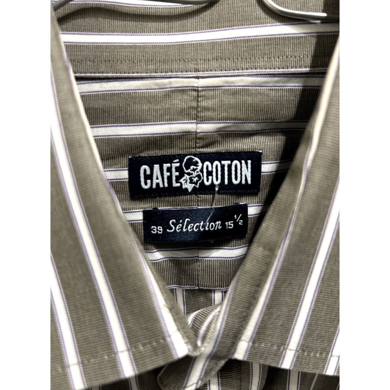 Vintage Cafe Coton Dress Shirt Mens 15 1/2 39 Brown Striped Long Sleeve Button Up Paris 100% Cotton Vintage? Size 40R - 2 Thumbnail
