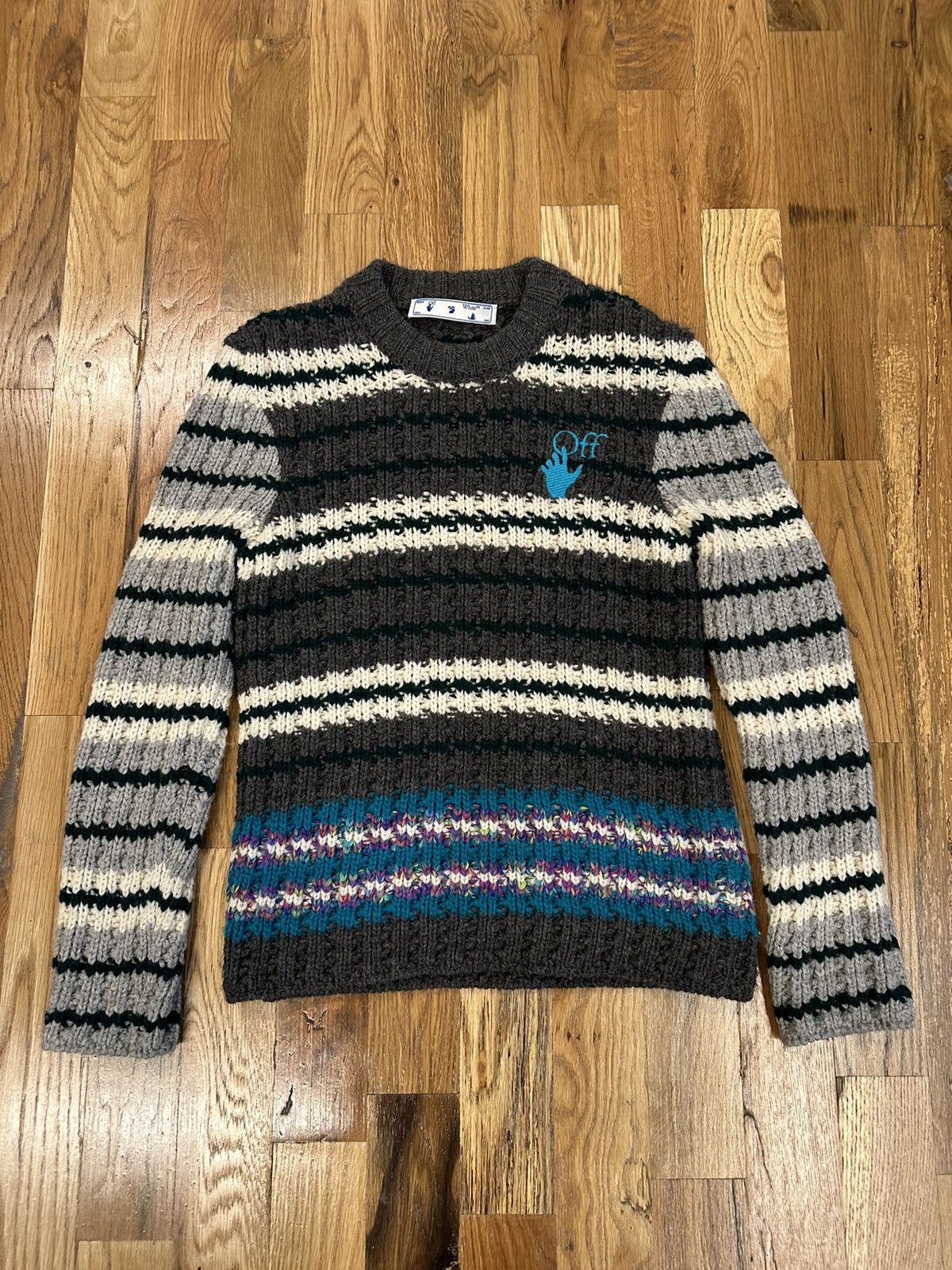 image of Off White Off Embroidered Knit Sweater Size M in Grey, Men's