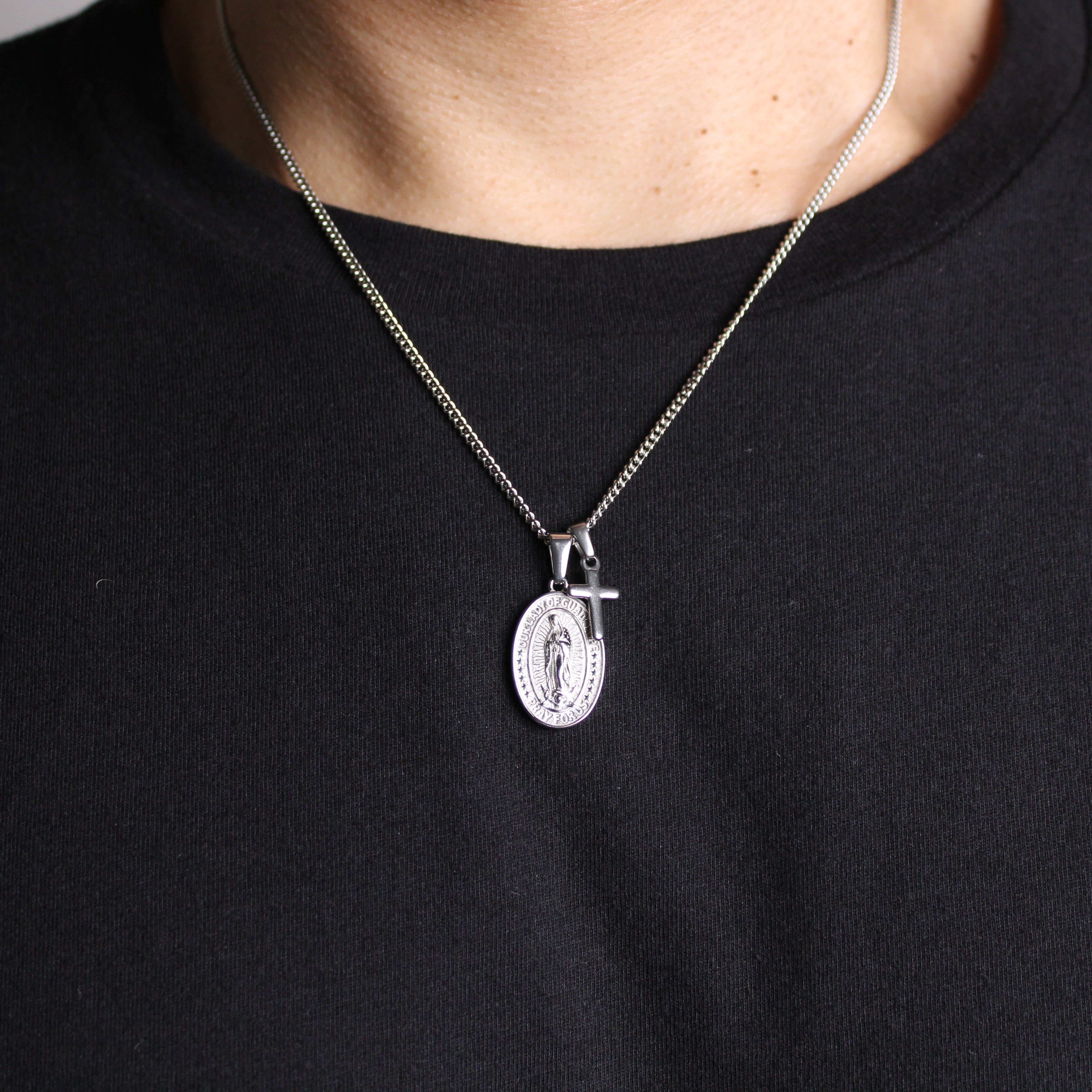 Jewelry Silver Lady of Guadalupe and Mini Cross Pendant Necklace Set Size ONE SIZE - 1 Thumbnail