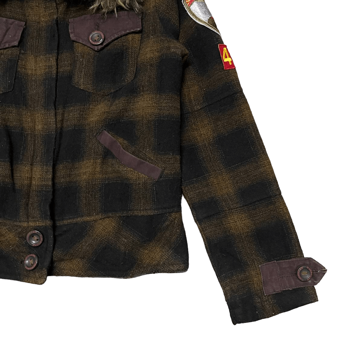 SBTG Vintage Sabotage Wool Plaid Fur Jacket 4 Pockets Size S / US 4 / IT 40 - 4 Thumbnail