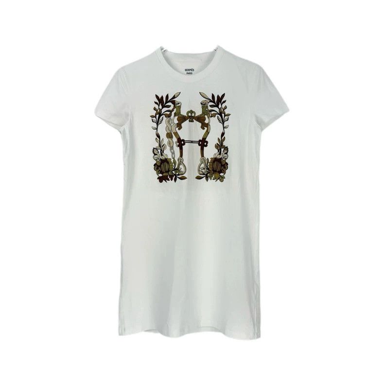 Hermes Hermes White Printed Short-Sleeve Dress Size M / US 6-8 / IT 42-44 - 1 Thumbnail