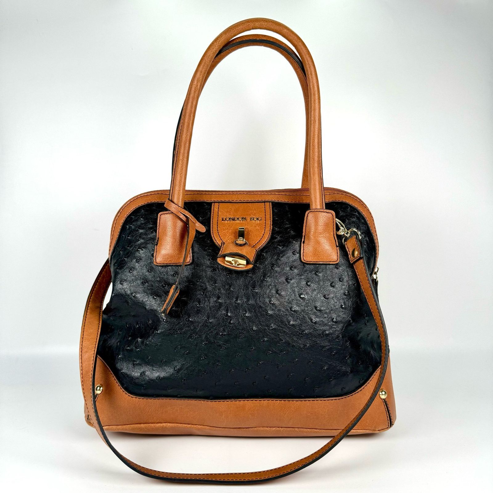 London Fog London Fog Black Brown Faux Leather Ostrich Trapezoid Bag Grailed