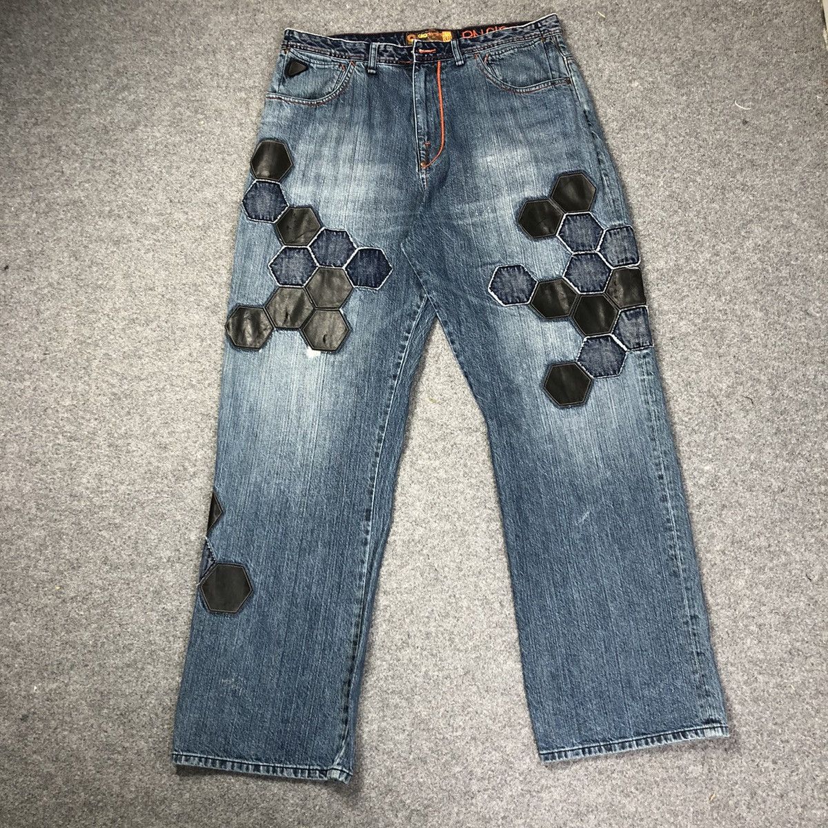 image of Akademiks Baggy Jeans Patchwork Design in Blue, Men's (Size 38)