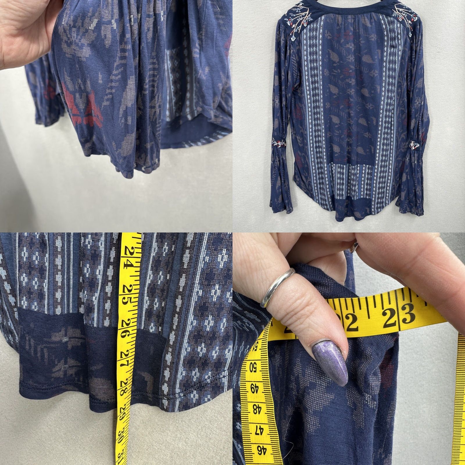 Lucky Brand Lucky Brand Blouse Shirt Womens Large Boho Tunic Long Sleeve Bell Sleeve V-Neck Knit Viscose Blue Floral Boho 70s 80s Modern Womens Size L / US 10 / IT 46 - 8 Thumbnail