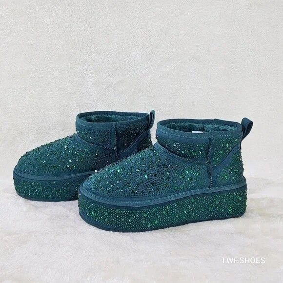 Other Ego Flashy Winter Platform Ankle Boots Green Rhinestones Size US 9 / IT 39 - 1 Thumbnail