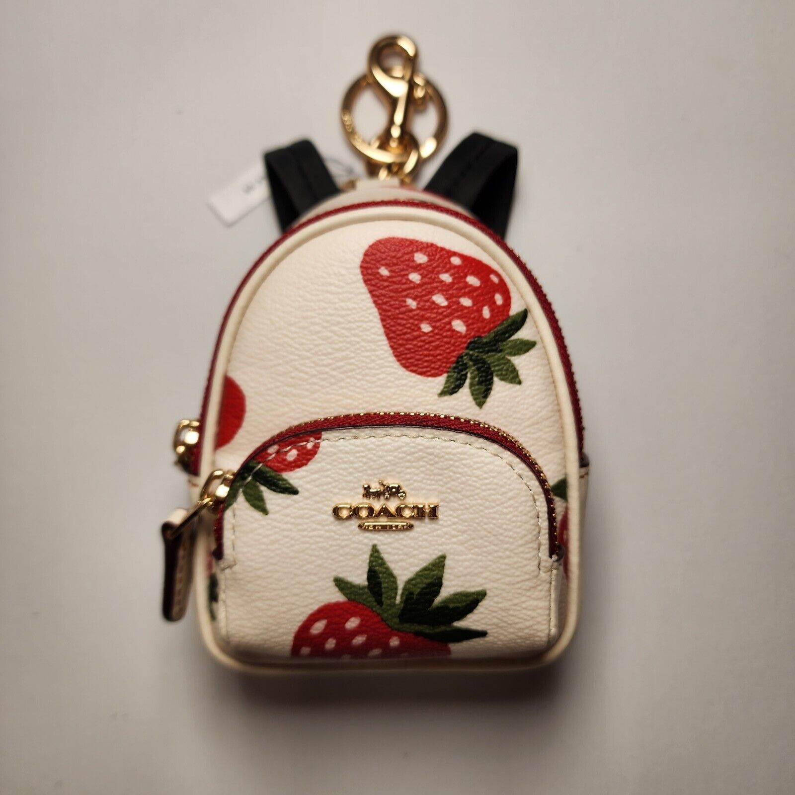 image of NWT Coach Ci019 Mini Court Backpack Charm Wild Strawberry in White, Women's