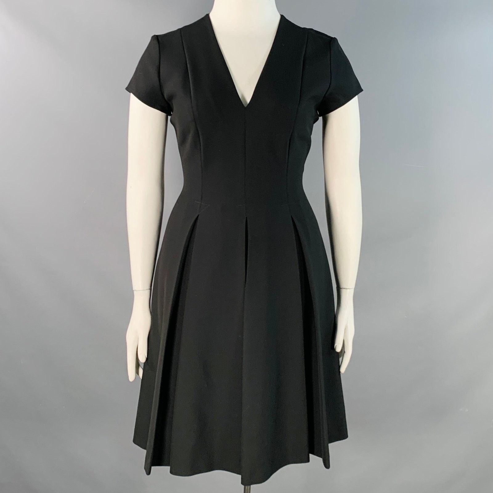Black Polyester Blend Pleated Short Sleeve V-Neck Dress