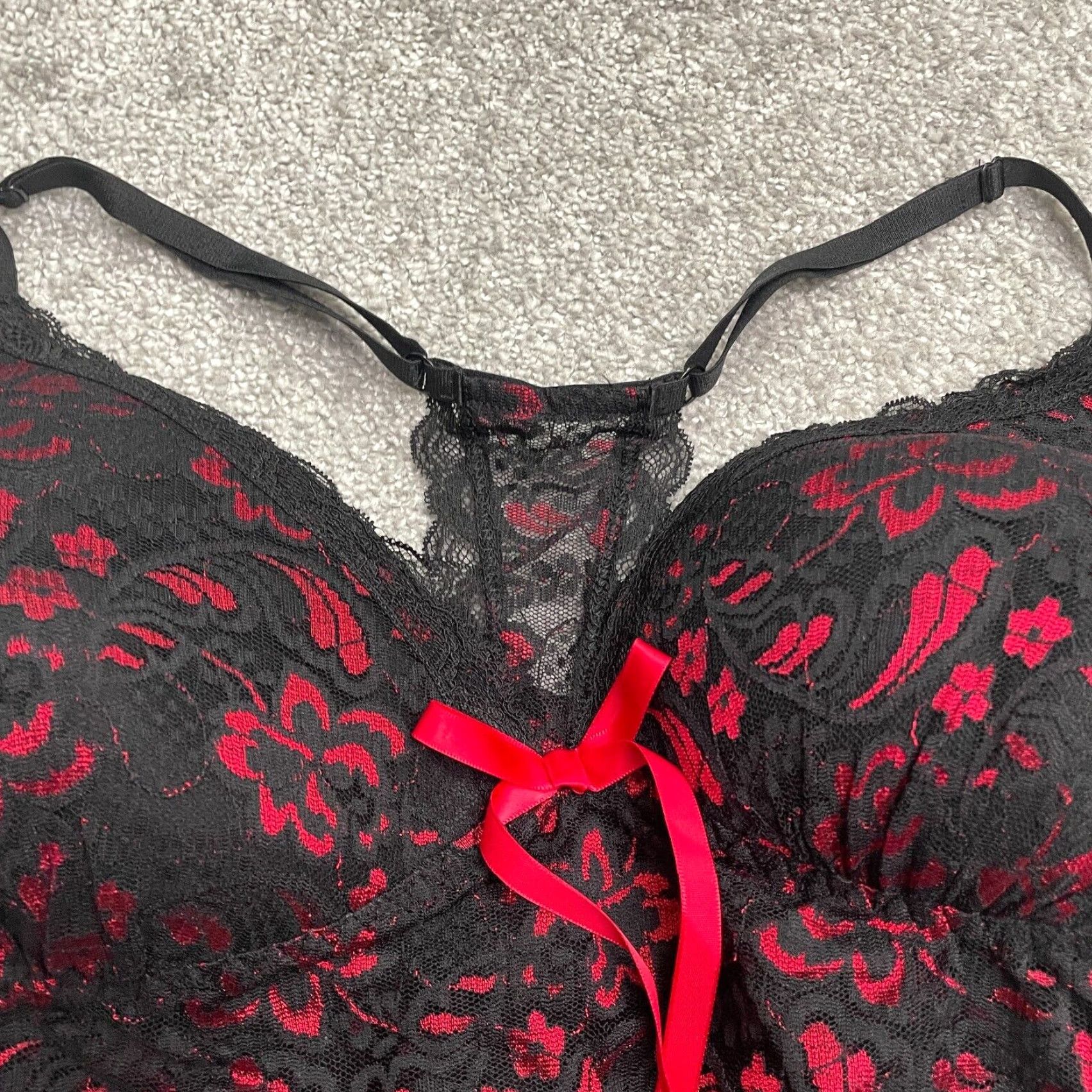 Vintage Unbranded Lace Floral Sleepwear Dress Womens L Red Sleeveless Sweetheart Cami, Polyester, Machine Washable, Lightweight, Bow, Strap, Dress Size L / US 10 / IT 46 - 4 Thumbnail