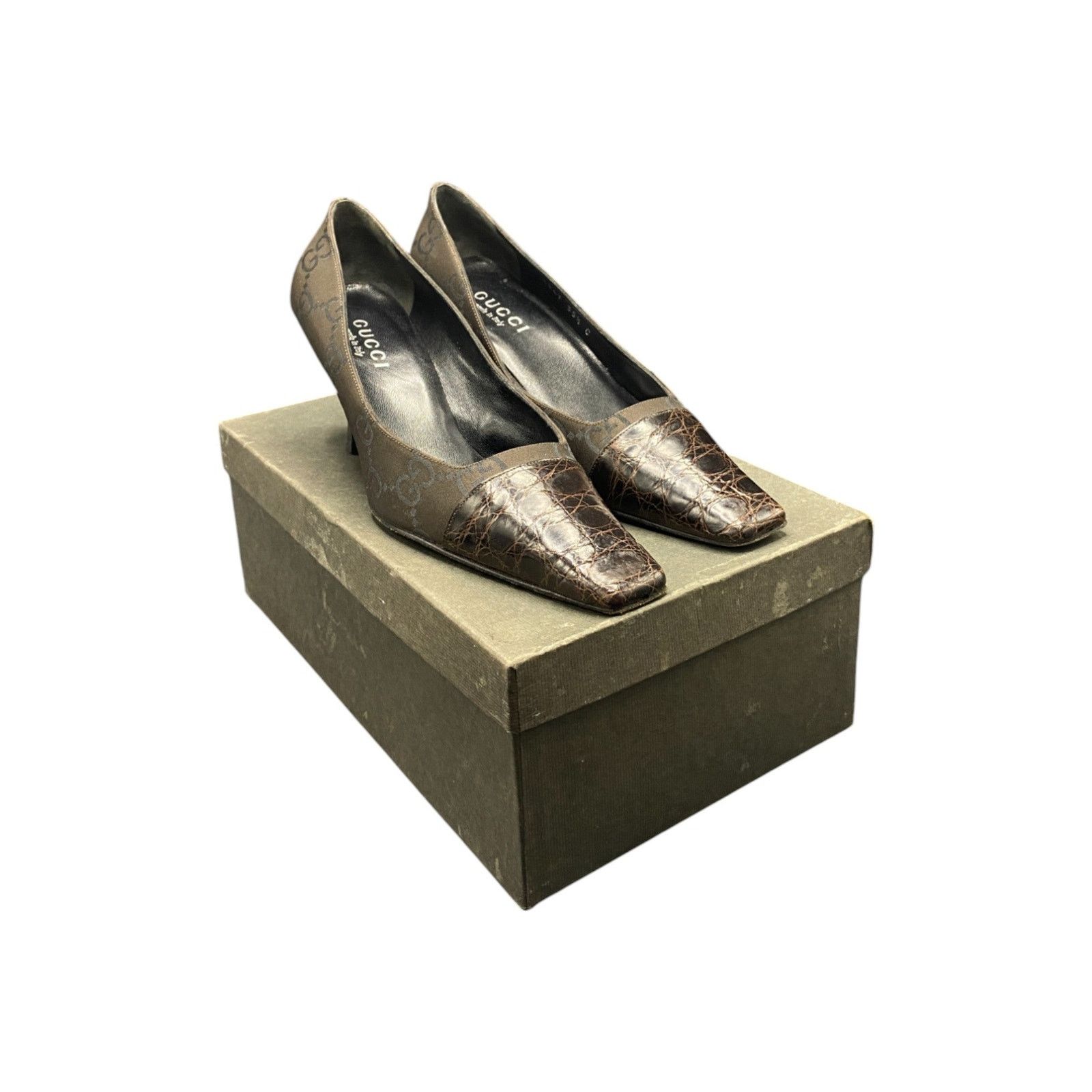 Gucci Embossed Croc Leather Brown Heels Size US 5.5 / IT 35.5 - 10 Thumbnail