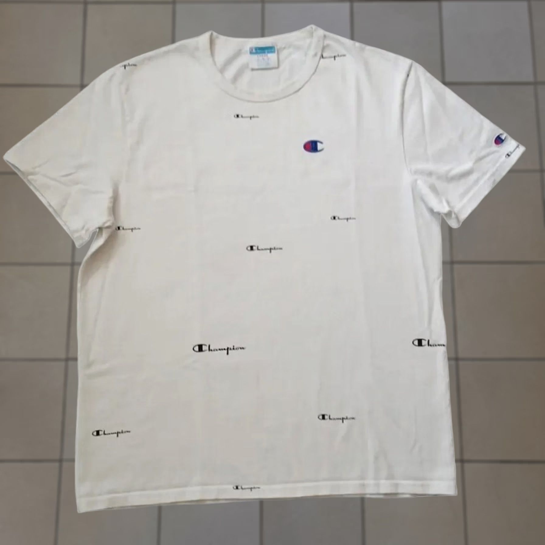 Champion VINTAGE Champion Shirt Mens Large White Blue Embroidered Logo AOP 100% Cotton Size US L / EU 52-54 / 3 - 1 Thumbnail