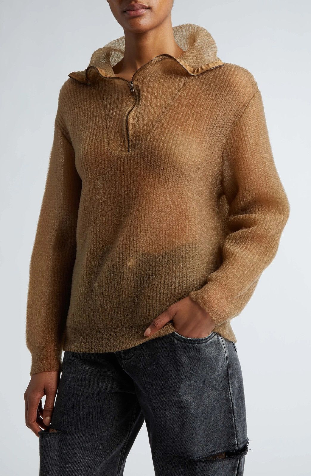 Maison Margiela Maison Margiela Beige Sheer Translucent Quarter-Zip Sweater Size M / US 6-8 / IT 42-44 - 2 Thumbnail