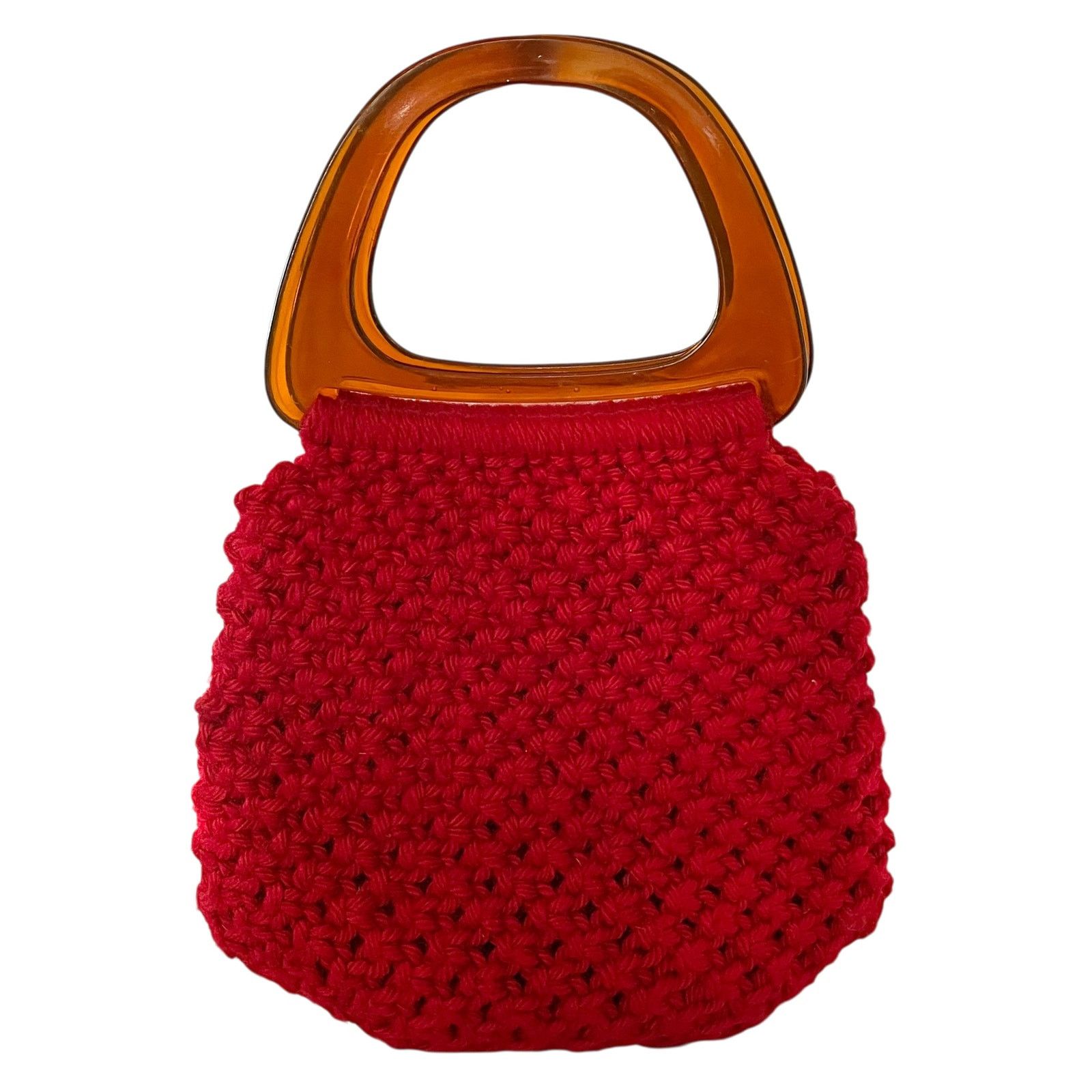 Handmade × Vintage Vintage Red Crocheted Amber Plastic Handles Hobo Granny Bag Size ONE SIZE - 1 Thumbnail