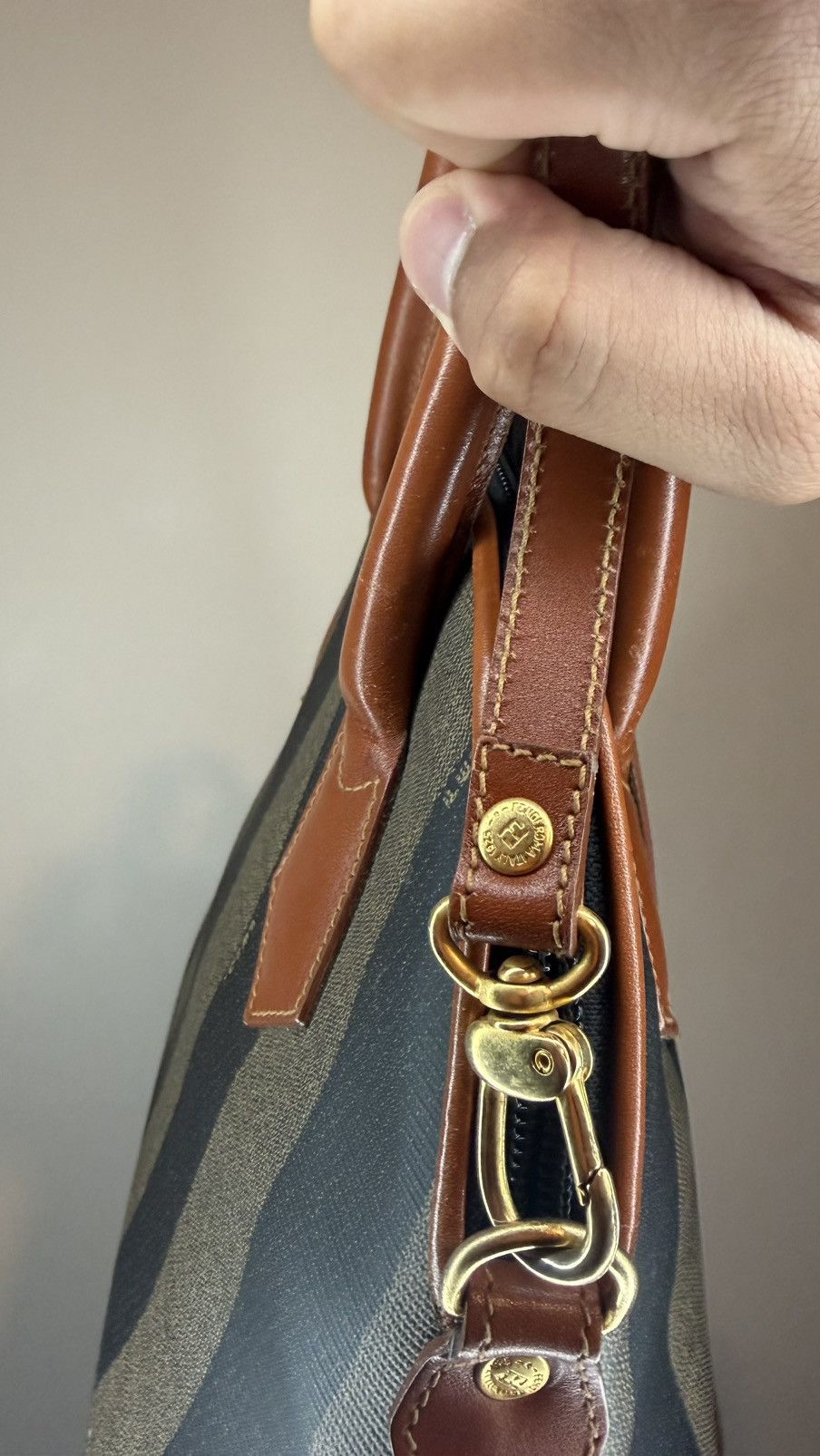 Fendi Fendi Brown Striped Pequin Canvas Dome Handbag with Leather Size ONE SIZE - 8 Thumbnail